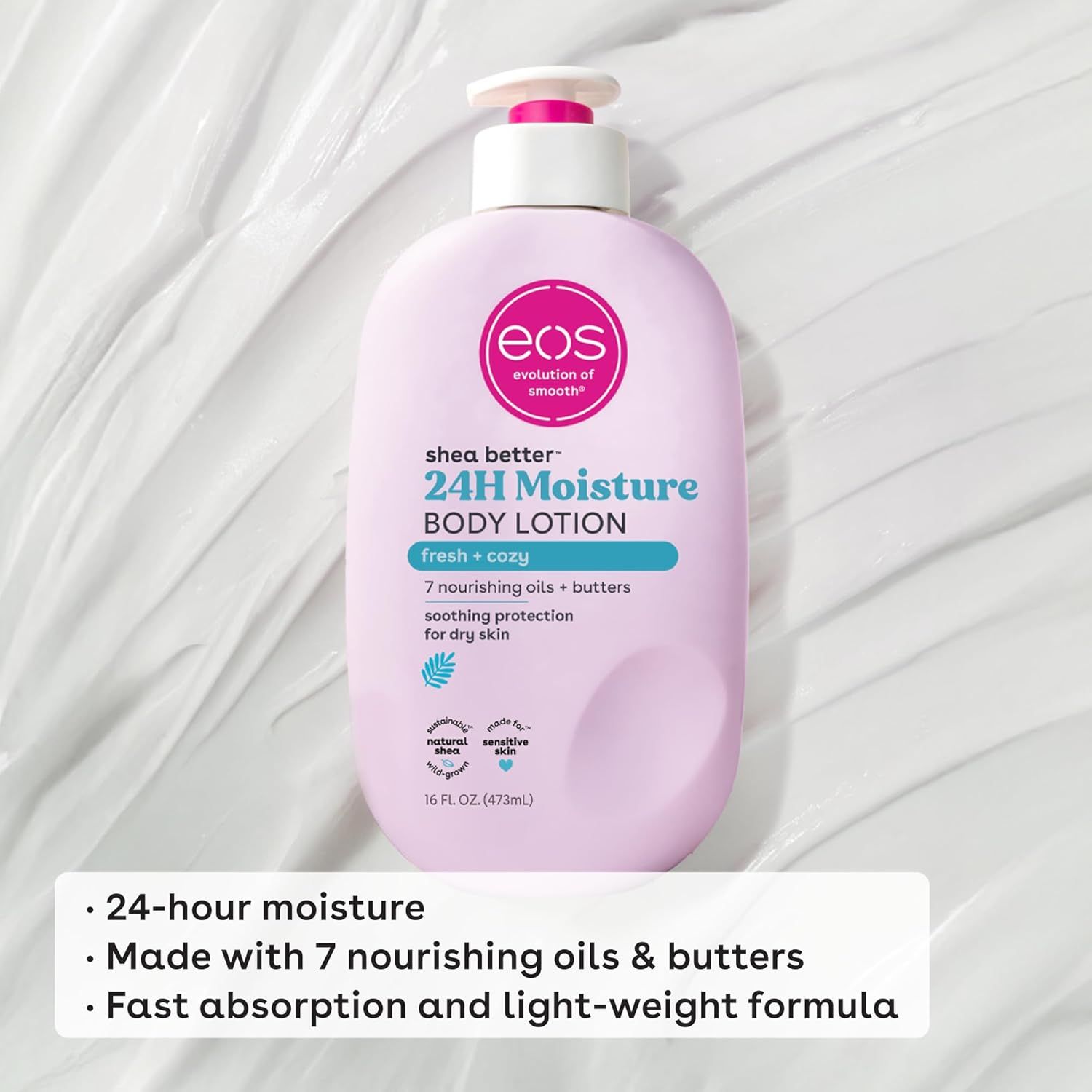 Communicates multiple key benefits of the body lotion including long-lasting hydration, nourishing ingredients, and texture properties to help shoppers understand the product's comprehensive value…