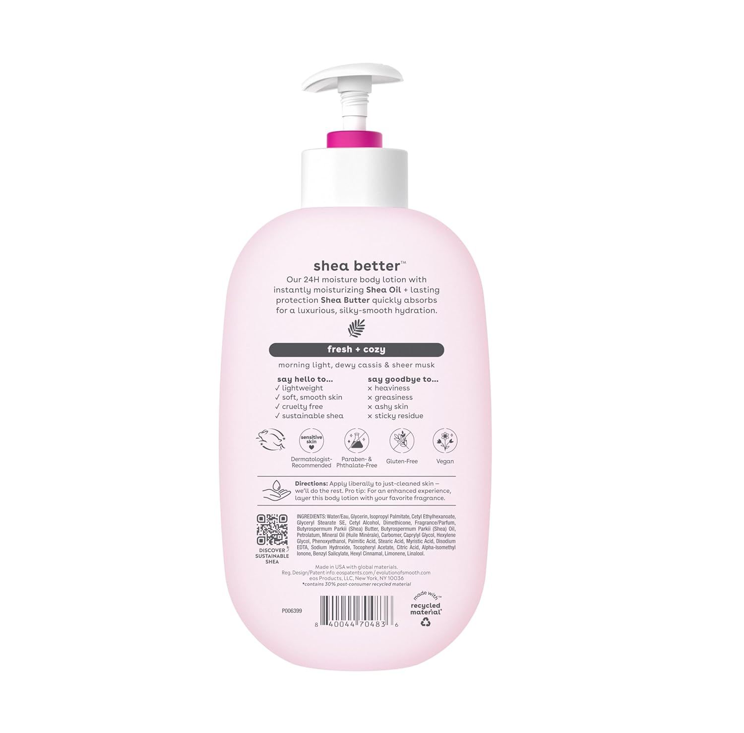 Communicates multiple product benefits and certifications in a segmented layout to reassure shoppers about the lotion's moisturizing effectiveness, ingredient quality, and ethical/safety standards.
