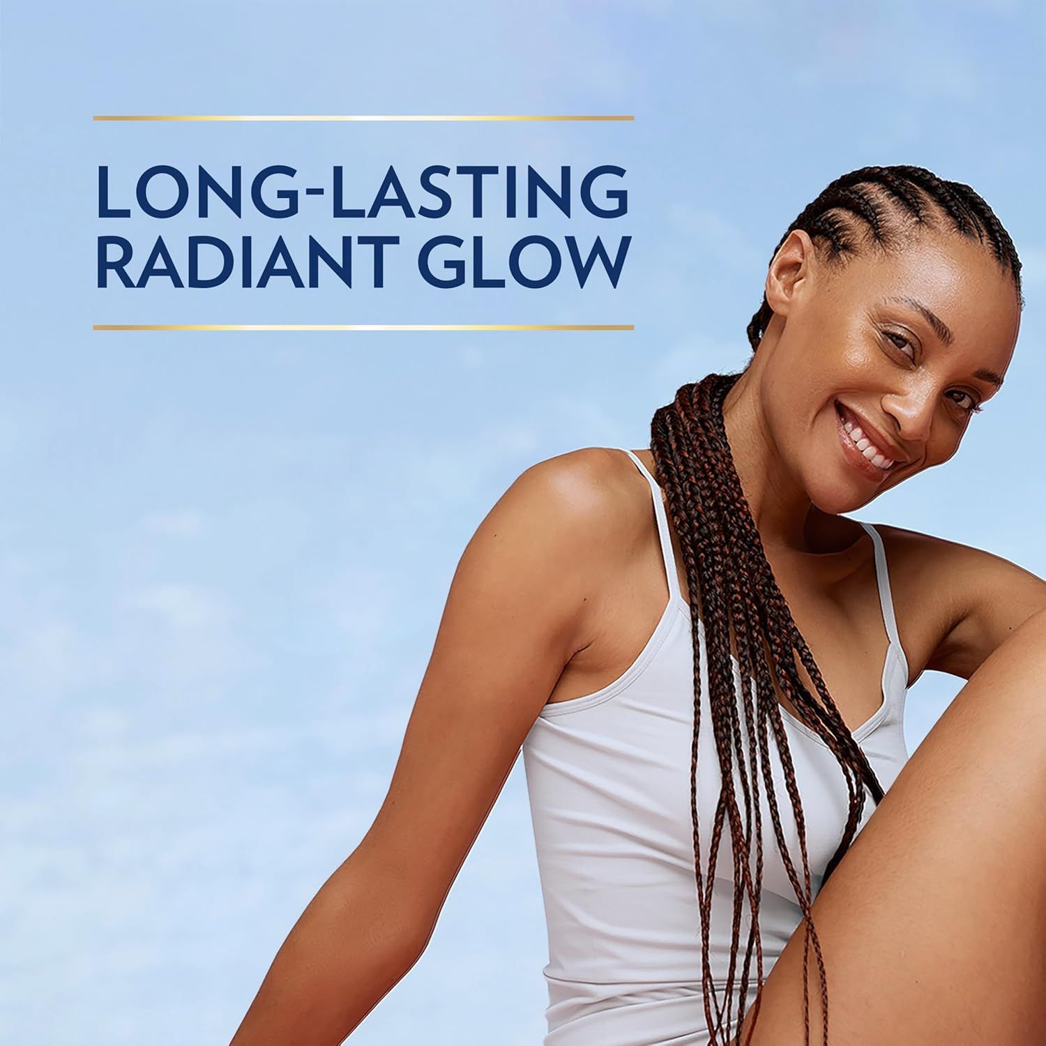 Communicates the key benefit of achieving a radiant, glowing complexion that lasts, likely for a skincare or beauty product. The image uses a clean lifestyle photo with a single text callout to…