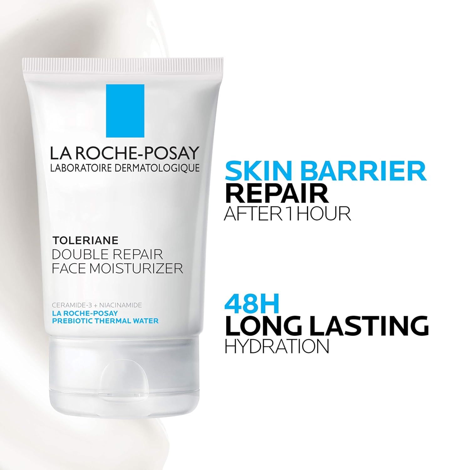 Communicates the product's quantifiable performance claims—48-hour hydration duration and rapid 1-hour skin barrier repair—to reassure shoppers of its effectiveness and long-lasting benefits.…