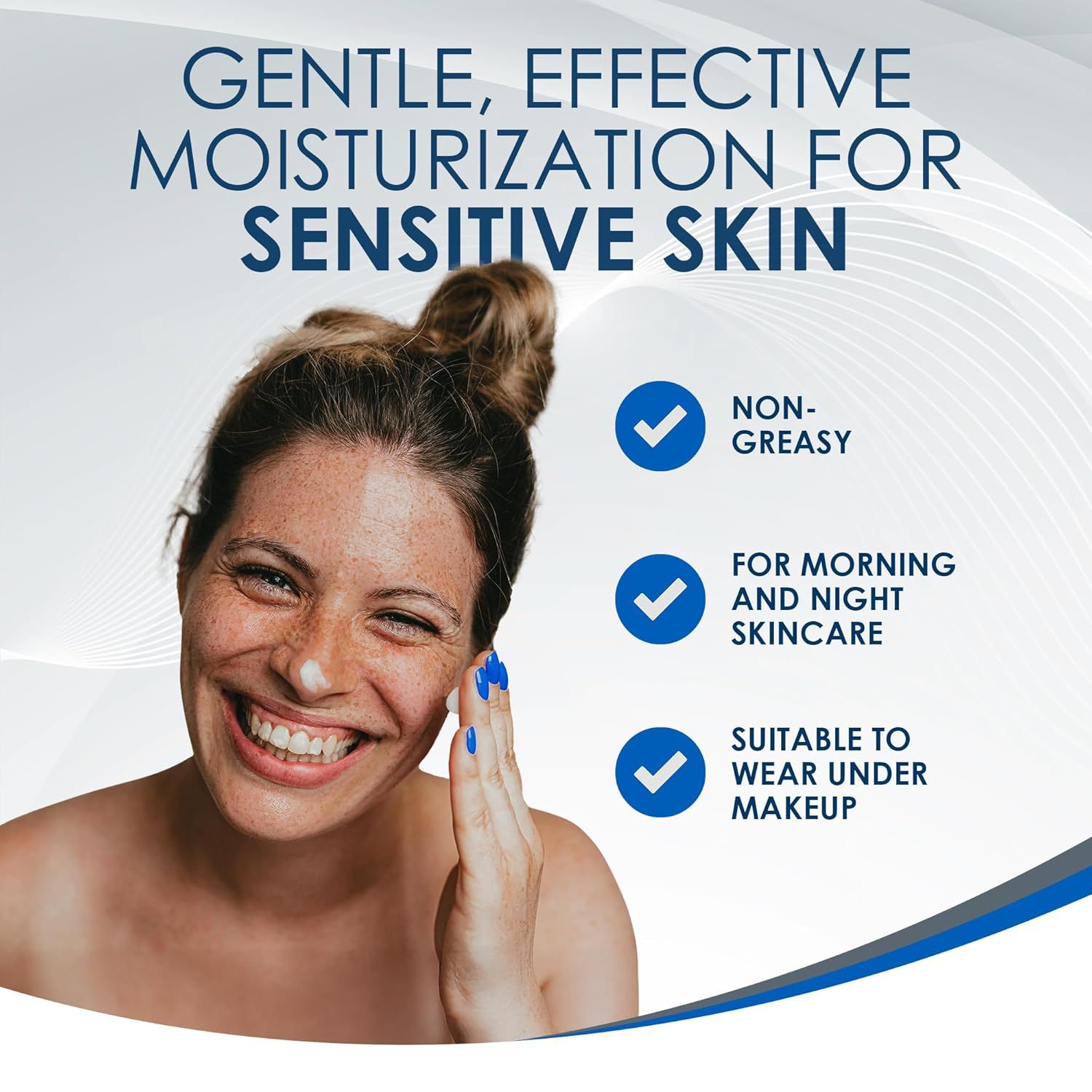 Communicates multiple key benefits of the moisturizer in a visually segmented layout with checkmarks, reassuring shoppers that it's gentle, versatile, and suitable for sensitive skin throughout the…