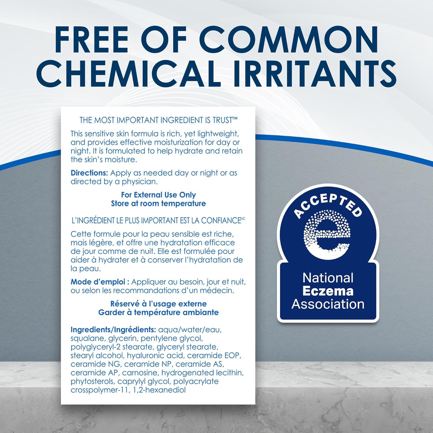 Communicates that the product is safe for sensitive skin by highlighting its certification from the National Eczema Association and its formulation free of common chemical irritants, building trust…