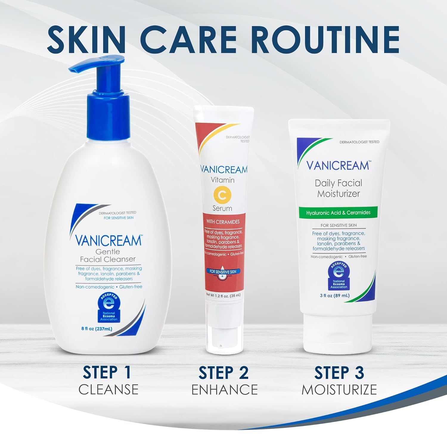 Demonstrates a simple 3-step skincare routine (cleanse, enhance, moisturize) to educate shoppers on how to use the product line together for optimal results. Showcases the Vanicream brand's complete…