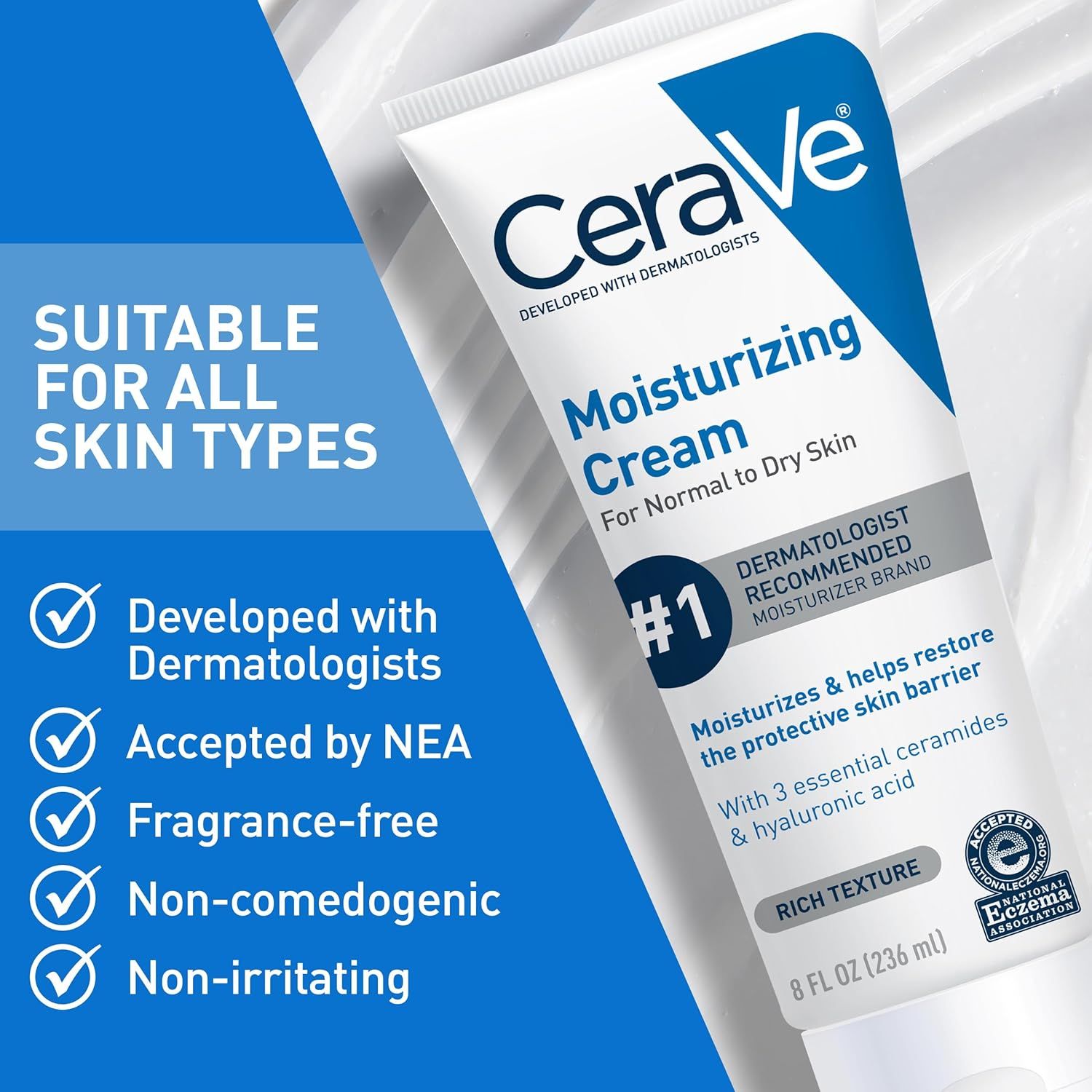 Communicates multiple product benefits and certifications to reassure shoppers that this moisturizing cream is safe, effective, and suitable for various skin concerns and sensitivities.