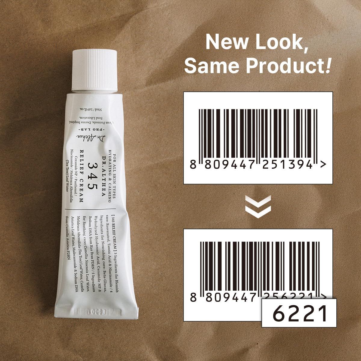 Reassures shoppers that despite a new package design, the product formula and quality remain unchanged. Helps customers identify the product by both old and new barcodes during a packaging transition.