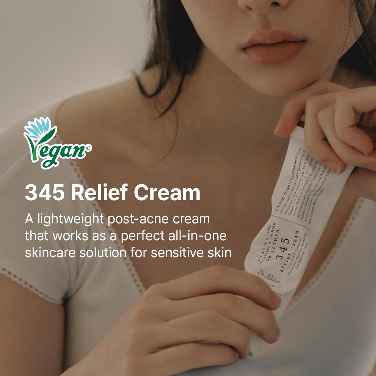 Communicates that this lightweight cream provides comprehensive post-acne care and is suitable for sensitive skin, positioning it as a complete skincare solution. Highlights the product's vegan…