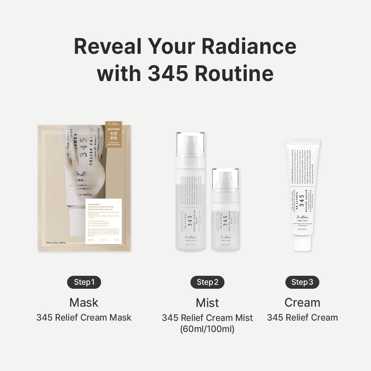 Demonstrates the proper sequence for using the 345 Relief Cream product line (mask, mist, cream) to help shoppers understand the complete skincare routine. Showcases the brand's complete 345 Relief…