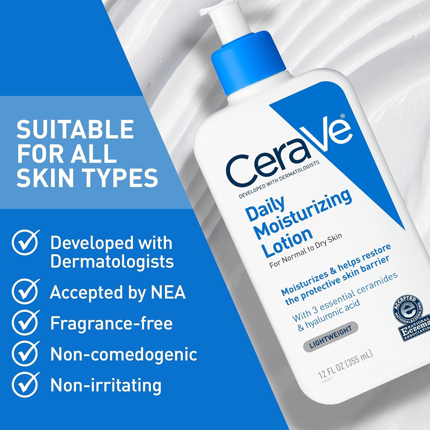 Communicates multiple product benefits and certifications in a segmented checklist format to reassure shoppers that this lotion is safe, gentle, and suitable for all skin types.