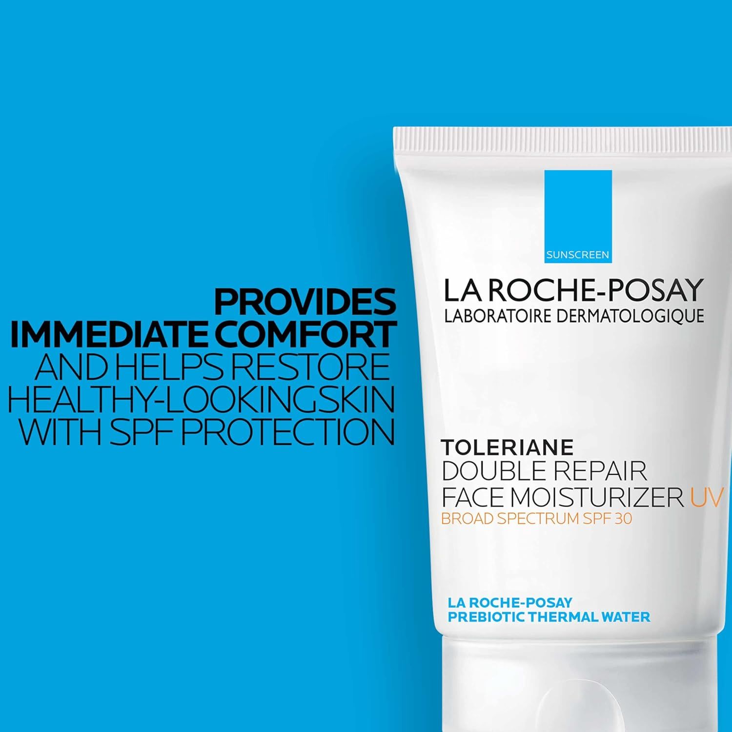 Communicates multiple benefits of the face moisturizer including comfort, skin restoration, and sun protection to reassure shoppers of the product's comprehensive skincare value.