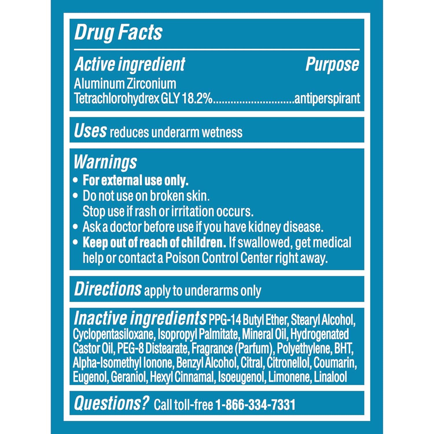 Provides comprehensive regulatory and safety information for an antiperspirant product, including active ingredients, usage directions, warnings, and contact information to ensure safe and informed…