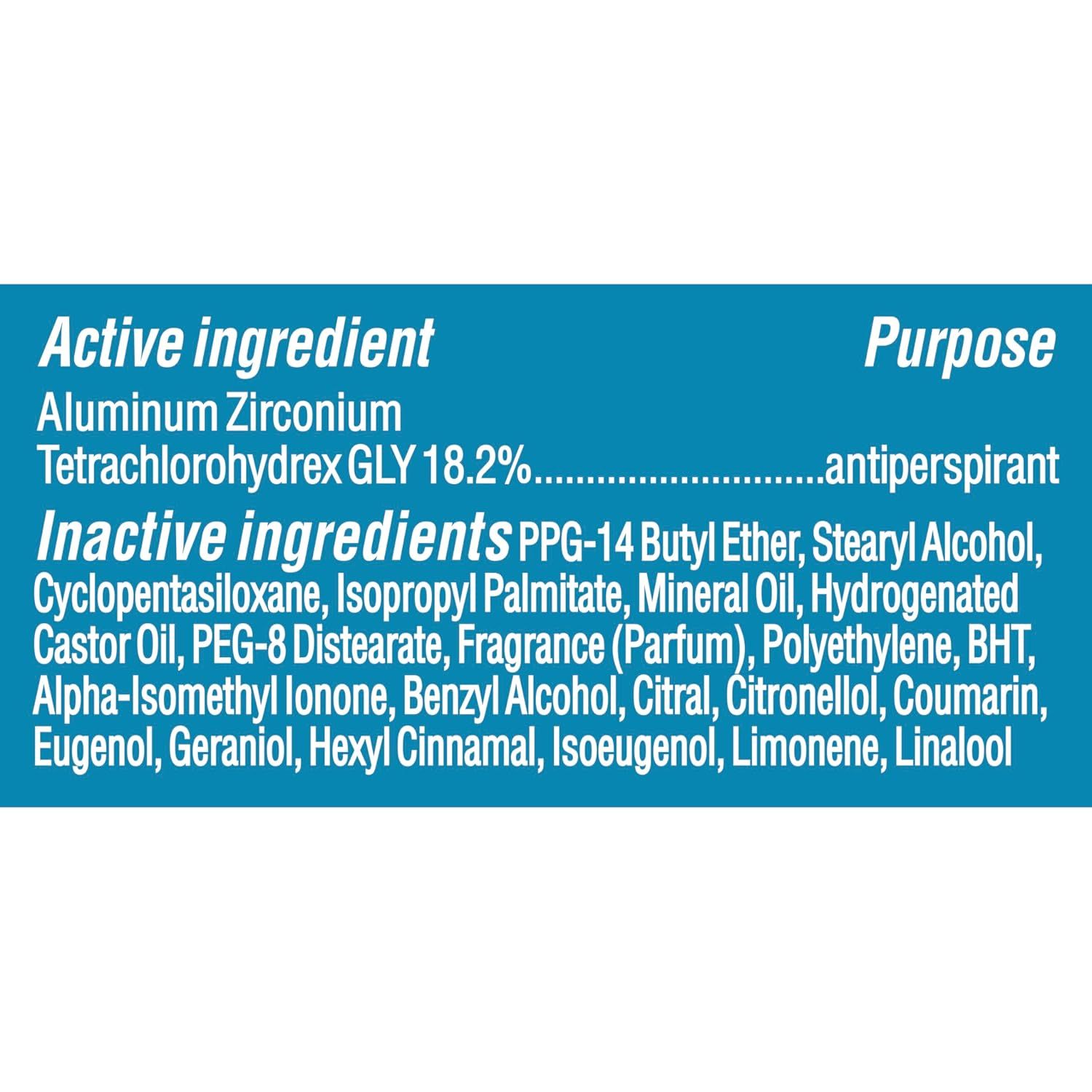 Breaks down the product's chemical composition by listing the active ingredient (Aluminum Zirconium Tetrachlorohydrex GLY 18.2%) and all inactive ingredients, helping shoppers understand what the…