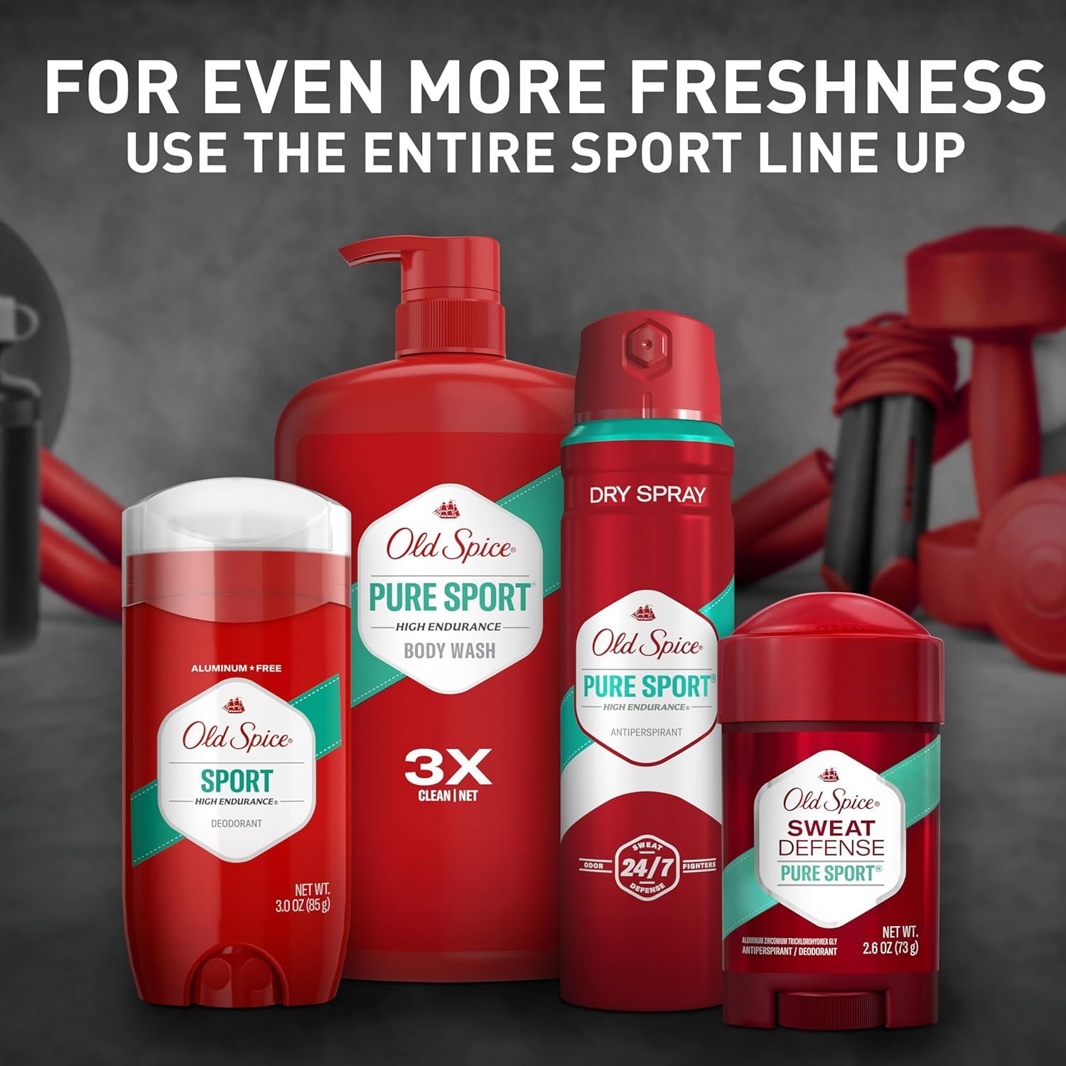 Showcases the complete Old Spice Pure Sport product lineup to help shoppers understand the full range of coordinated products available in this scent/line.
