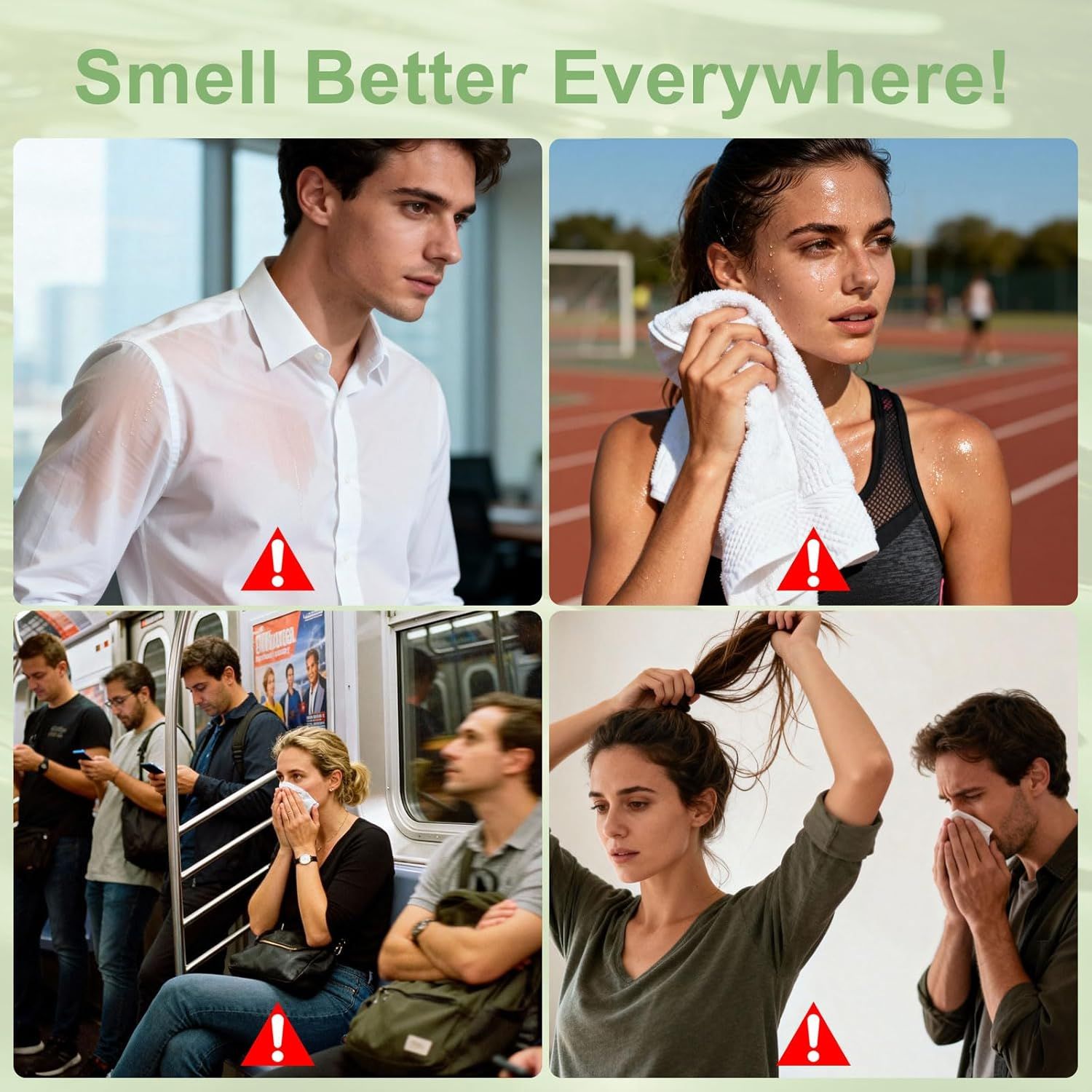 Demonstrates the product's effectiveness across multiple real-world scenarios (office, gym, public transit, home) to show versatility and broad applicability for odor control and freshness.