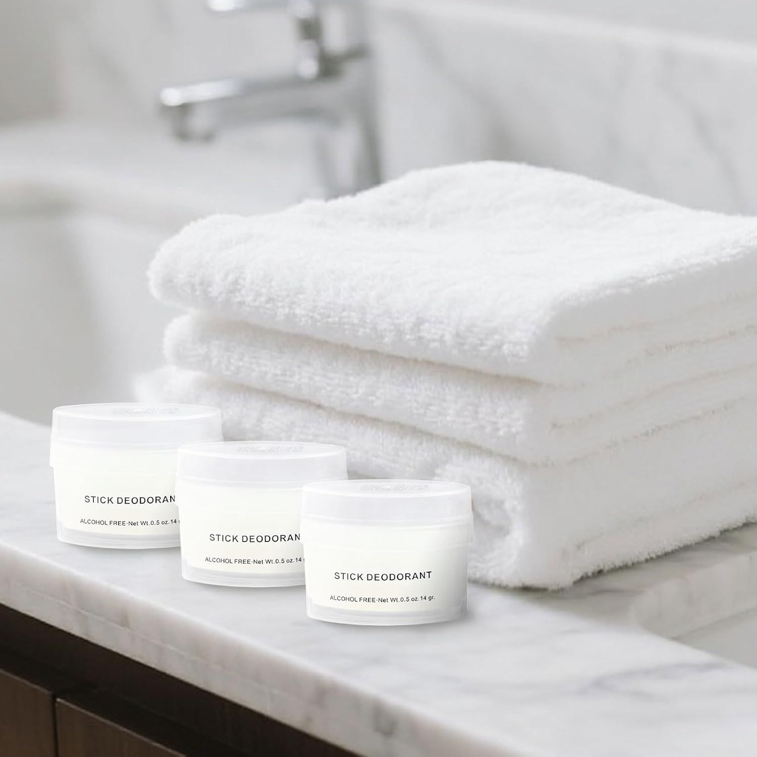 Showcases the product in a clean, spa-like bathroom environment to help shoppers visualize the deodorant as part of their daily routine and lifestyle.