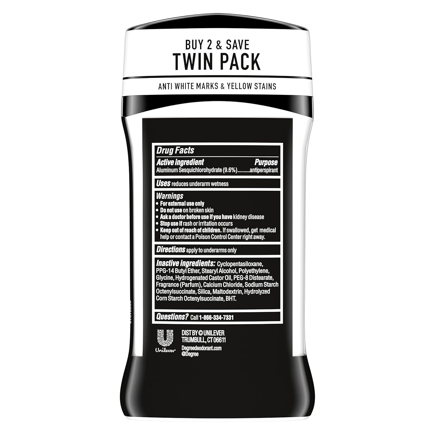 Shows the back of the deodorant stick with complete drug facts, ingredients, warnings, and usage directions to inform shoppers about product composition and safety information.