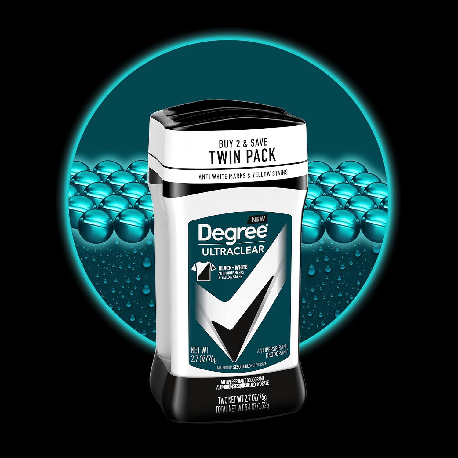 Shows that the customer receives two deodorant sticks in one purchase, emphasizing value and savings with the 'Buy 2 & Save' messaging. Highlights the key benefit of preventing white marks and…
