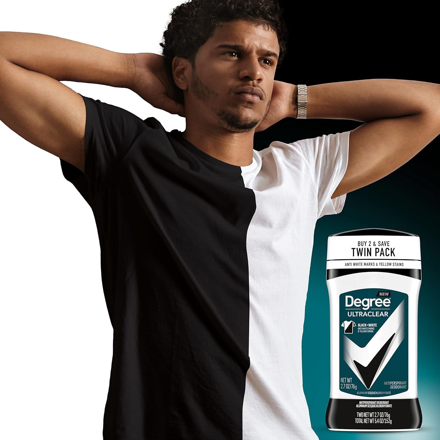 Demonstrates the product's effectiveness on both black and white clothing, reassuring shoppers that the deodorant prevents white marks and yellow stains on any color fabric.