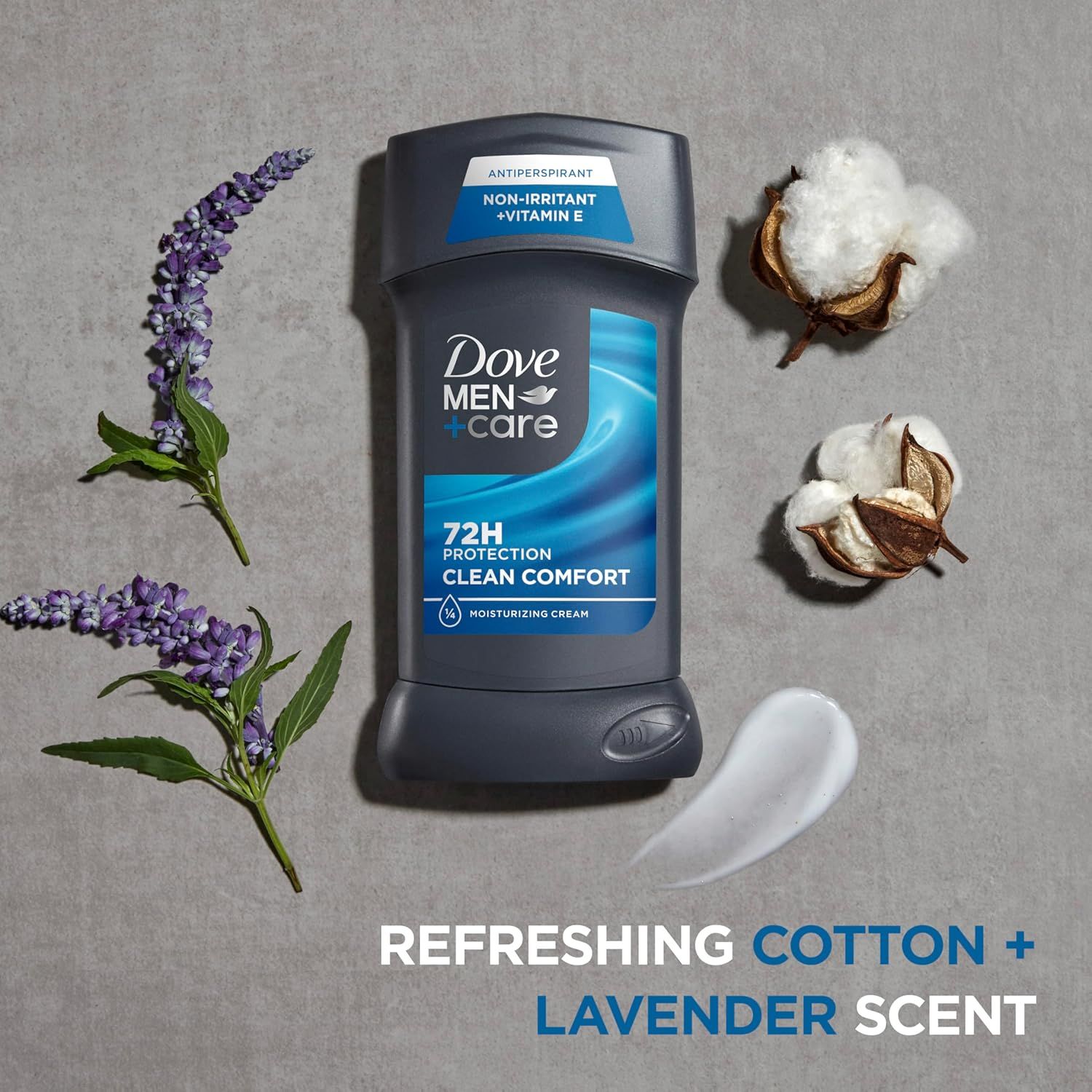 Communicates the product's scent profile using natural ingredient imagery (lavender flowers and cotton) to convey freshness and comfort to shoppers.