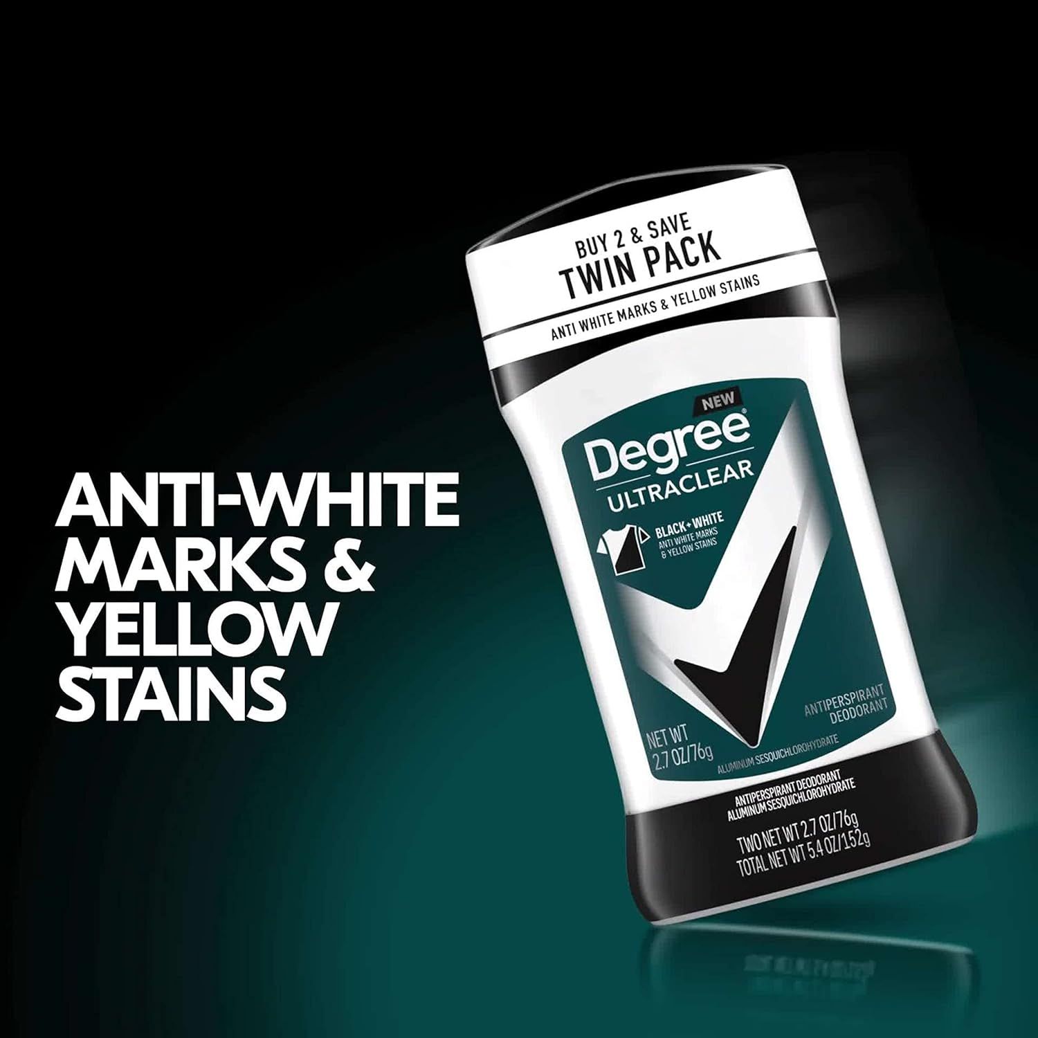 Communicates the key benefit of preventing white marks and yellow stains on clothing, reassuring shoppers that this deodorant keeps clothes looking clean.