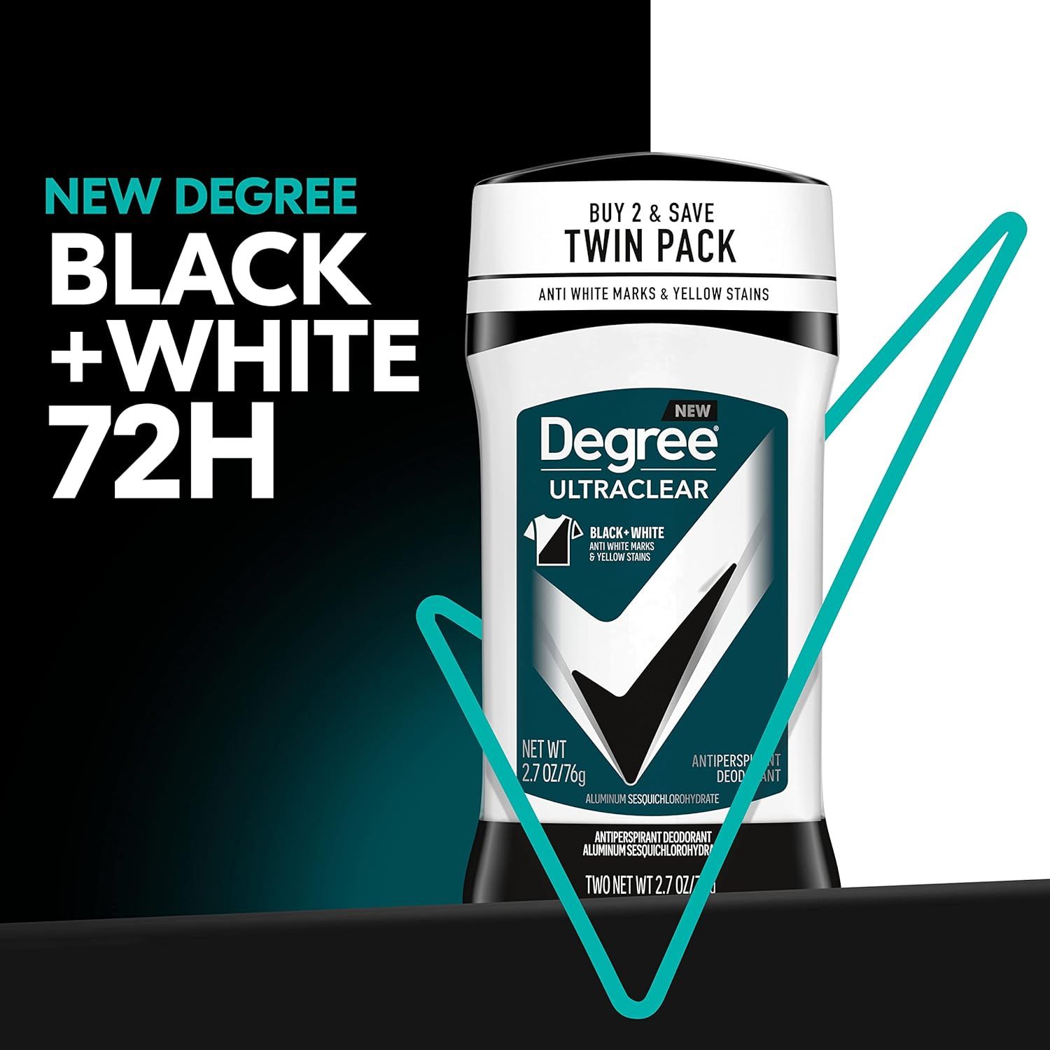 Communicates the key benefit of 72-hour long-lasting protection against white marks and yellow stains, emphasizing the product's effectiveness for black and white clothing.