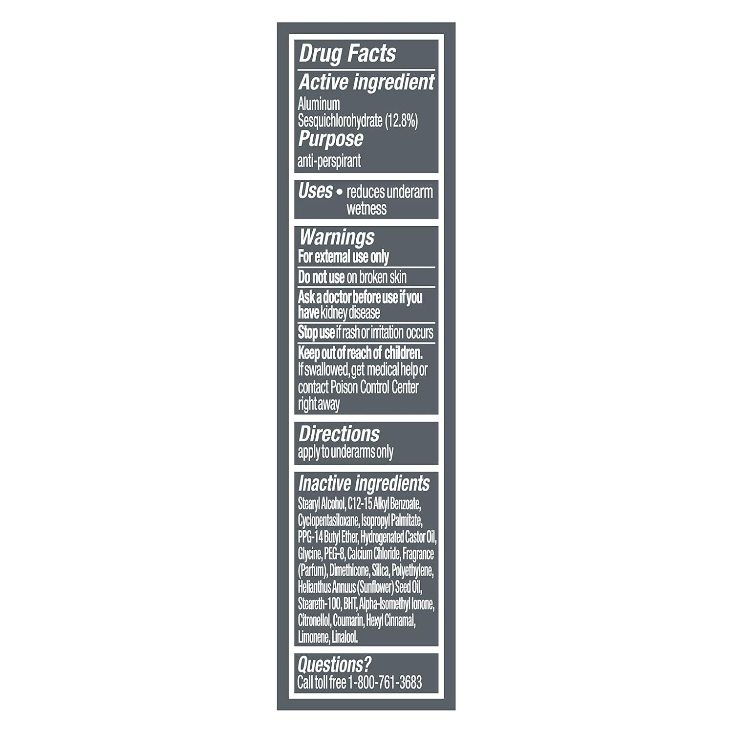 Provides regulatory drug facts, active ingredient information, usage warnings, and safety instructions to ensure compliant and safe use of the anti-perspirant product.