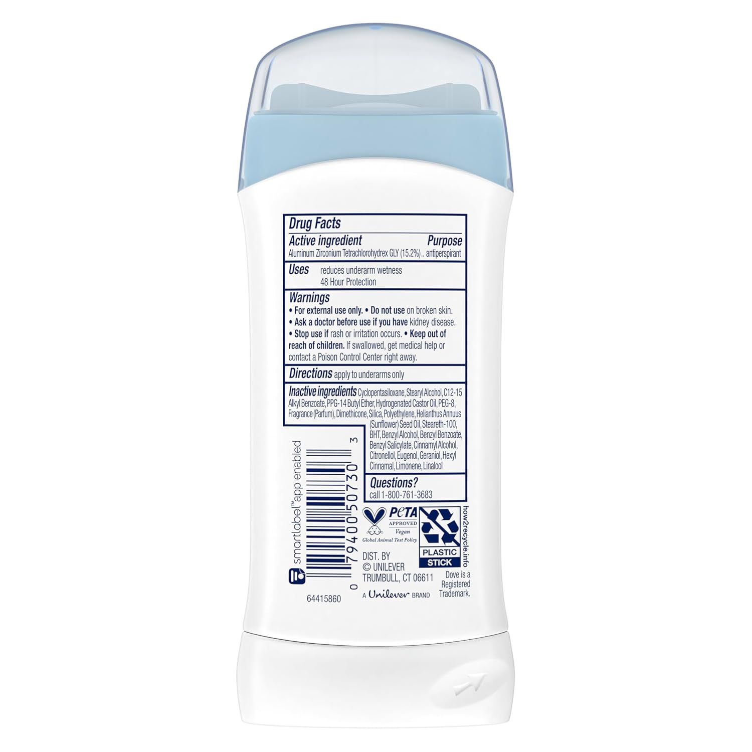 Displays the product in a clean, catalog-style format showing the deodorant stick with its drug facts label and packaging details for shopper reference.