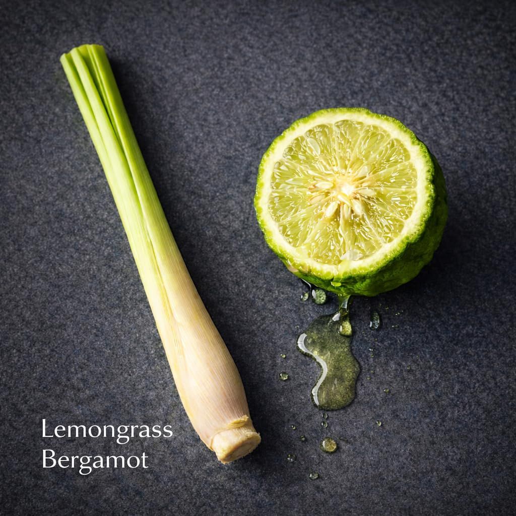 Highlights the natural ingredients (lemongrass and bergamot) used in the product to communicate freshness, quality, and natural composition to shoppers.