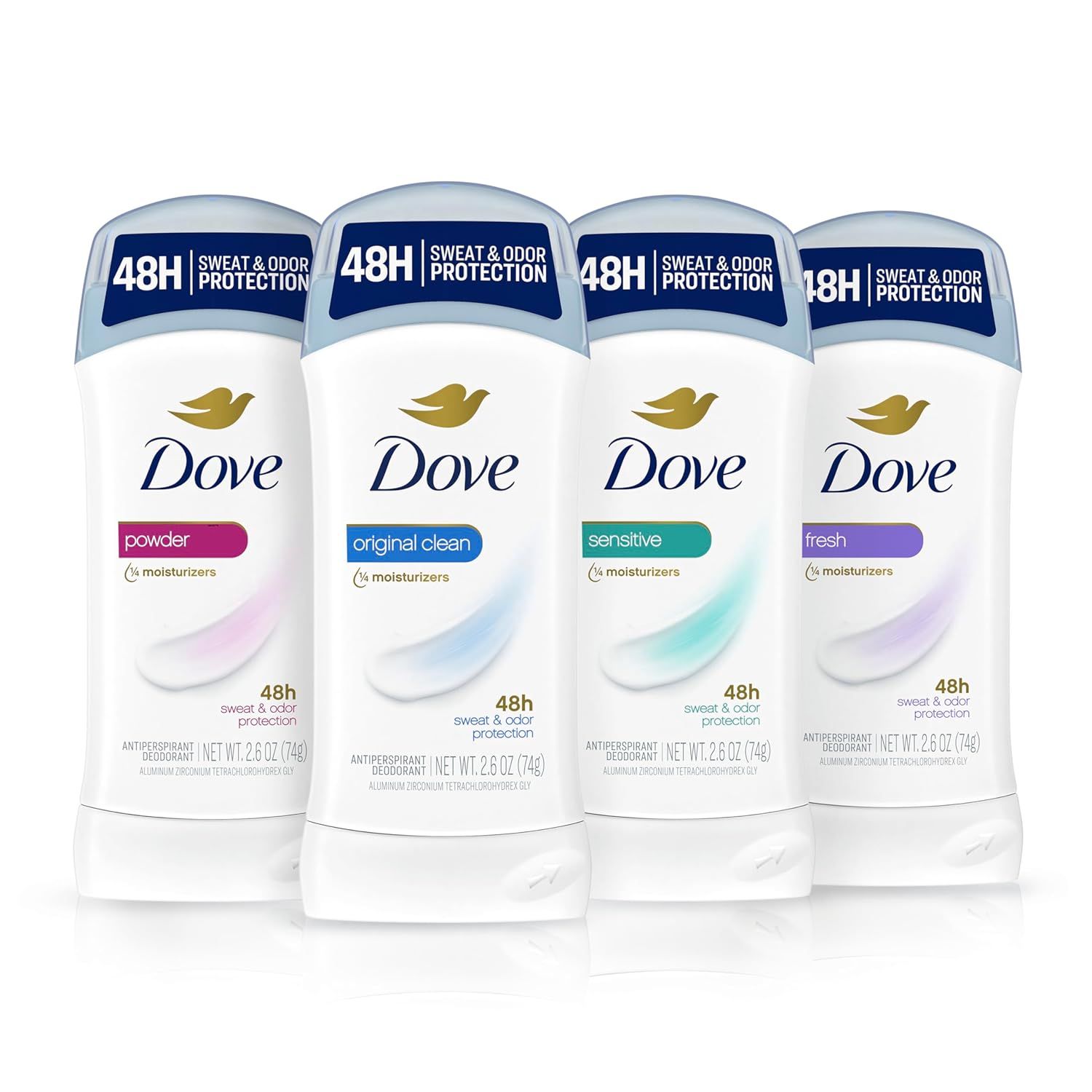 Displays the Dove deodorant product line with multiple scent variants (powder, original clean, sensitive, fresh) to help shoppers understand the available options and choose the right one for their…
