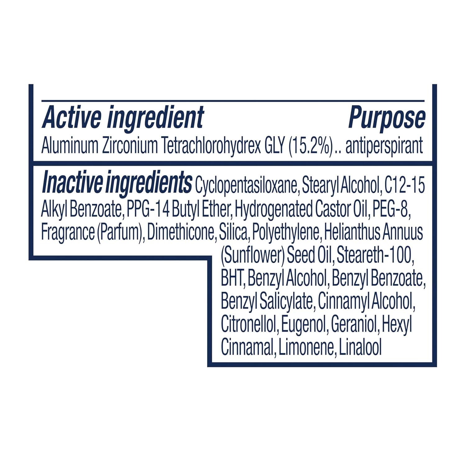 Provides detailed ingredient information to inform shoppers about the product's active antiperspirant component and full ingredient list for transparency and safety awareness.
