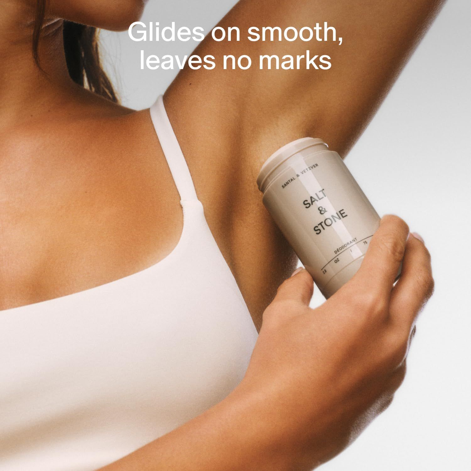 Communicates that the deodorant applies smoothly and leaves no white marks or residue on skin, reassuring shoppers about clean, invisible application.
