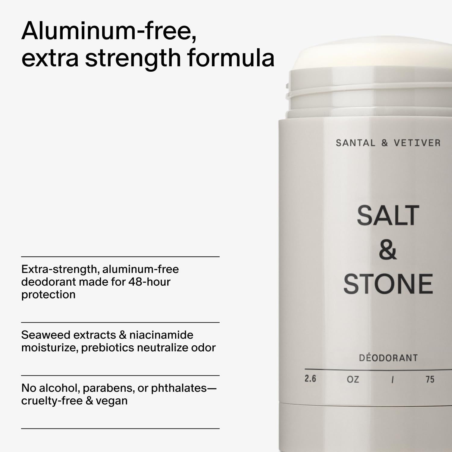 Communicates multiple distinct benefits of the deodorant in a segmented layout, highlighting the aluminum-free formula, long-lasting protection, moisturizing properties, and clean ingredient profile…