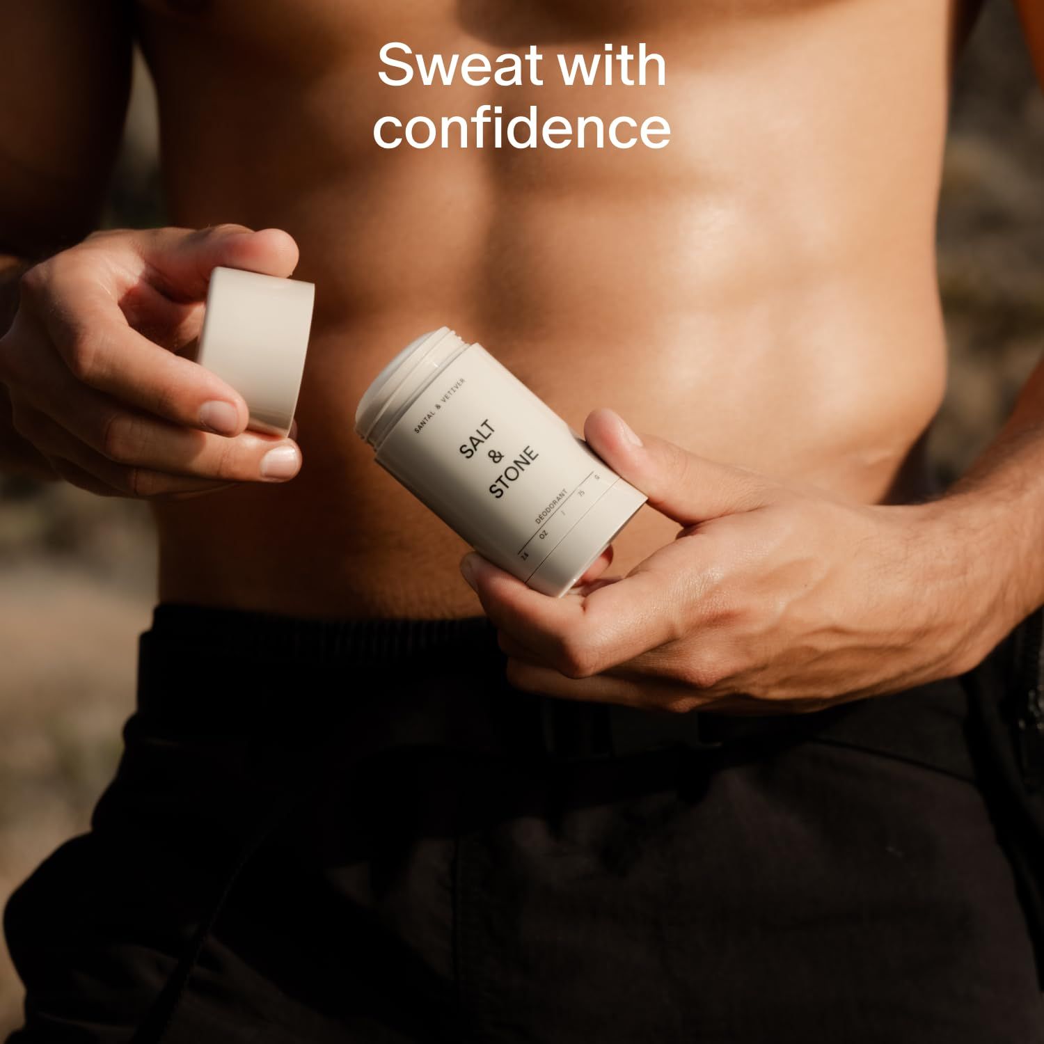 Communicates the emotional benefit of using this natural deodorant product, reassuring shoppers they can stay confident during workouts or active moments.