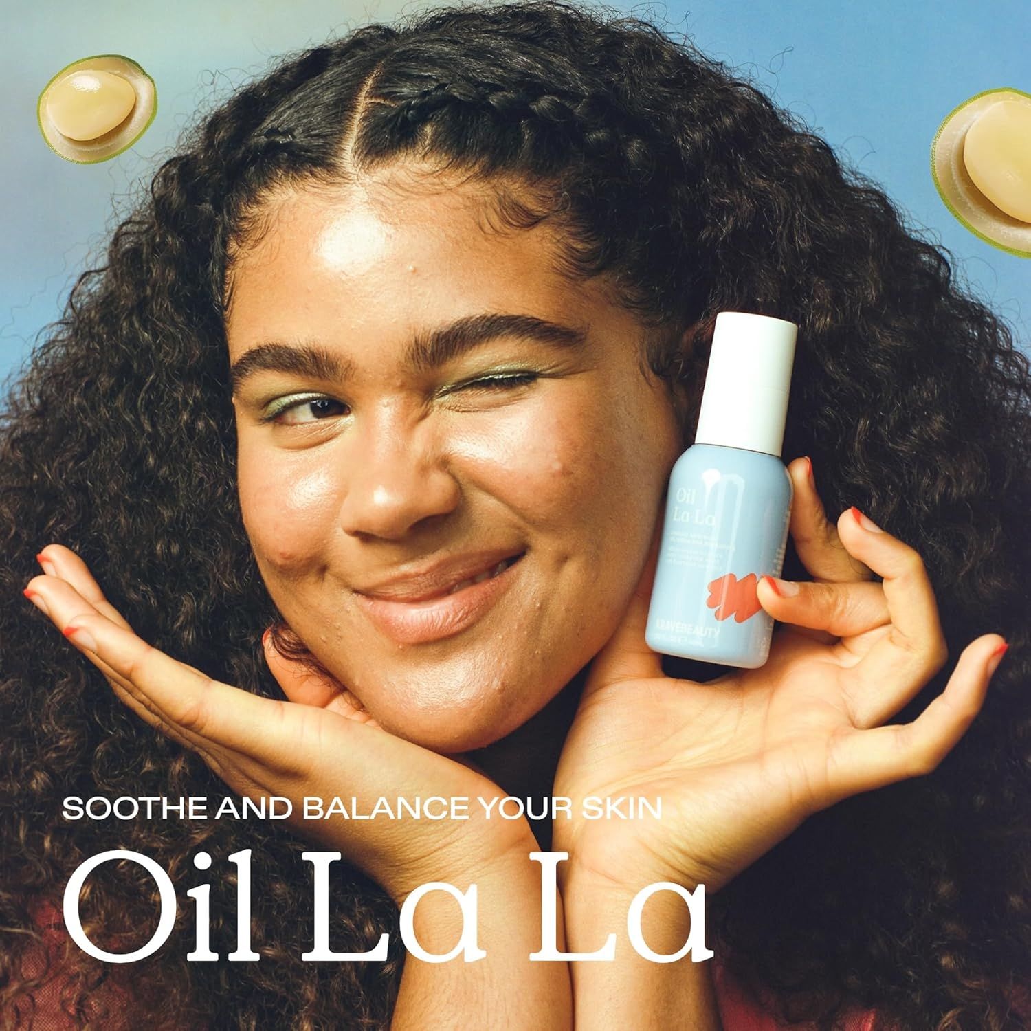 Establishes brand identity and emotional connection by showcasing the brand name 'Oil La La' with lifestyle imagery that communicates the product's soothing and balancing benefits for skin.