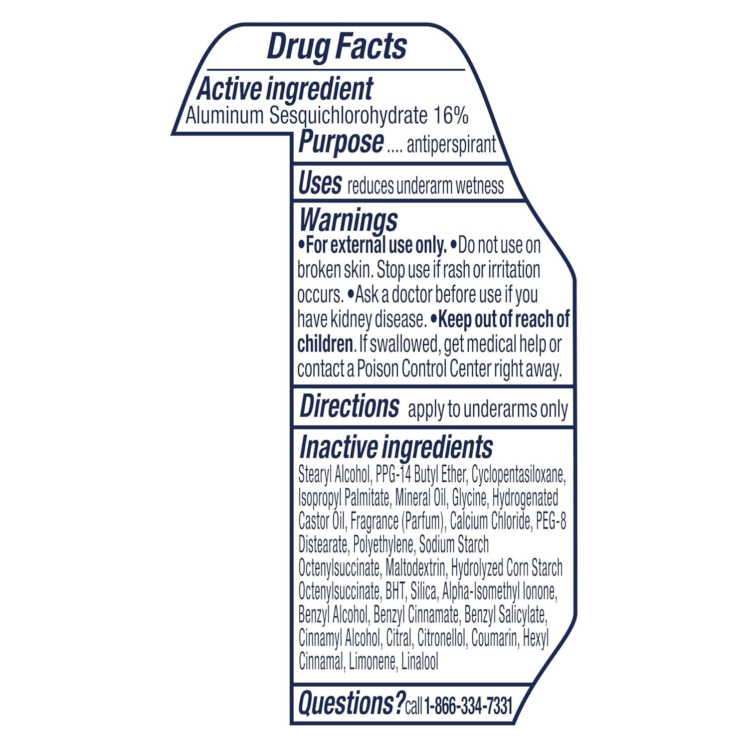 Provides comprehensive regulatory drug facts information for an antiperspirant product, including active ingredients, usage instructions, safety warnings, and complete ingredient list to inform and…