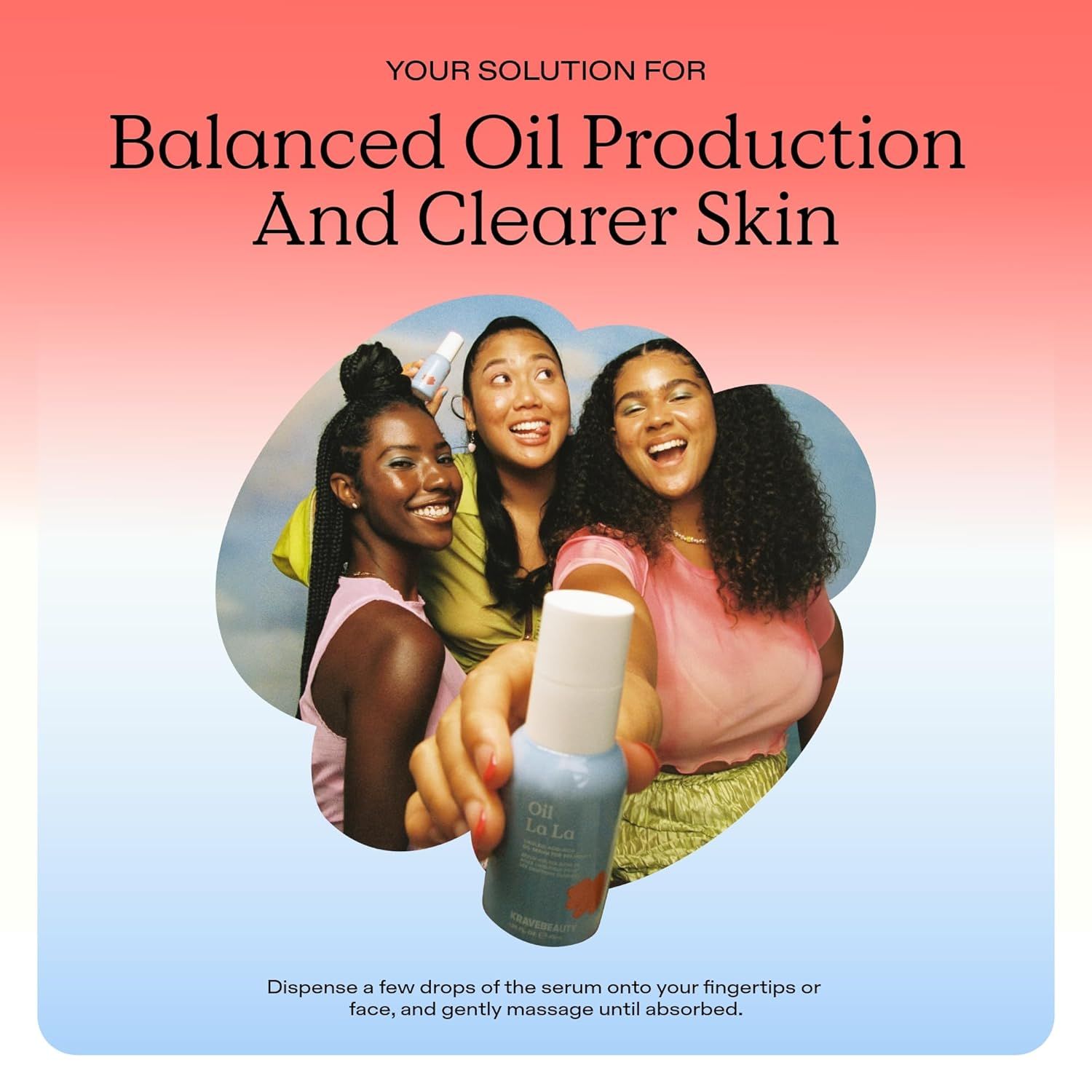 Demonstrates how to apply the serum by dispensing drops onto fingertips or face and massaging until absorbed, while highlighting the dual benefits of balanced oil production and clearer skin.…