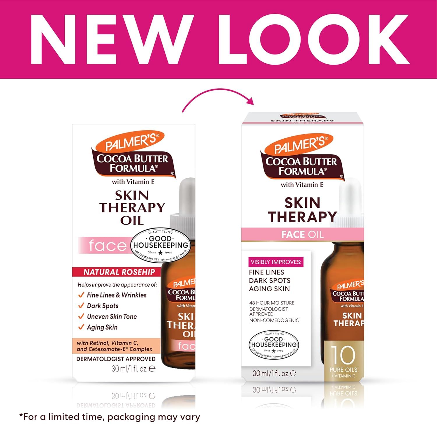 Informs shoppers about the brand's new packaging design while showing the same product in both old and new formats to avoid confusion during the transition period.