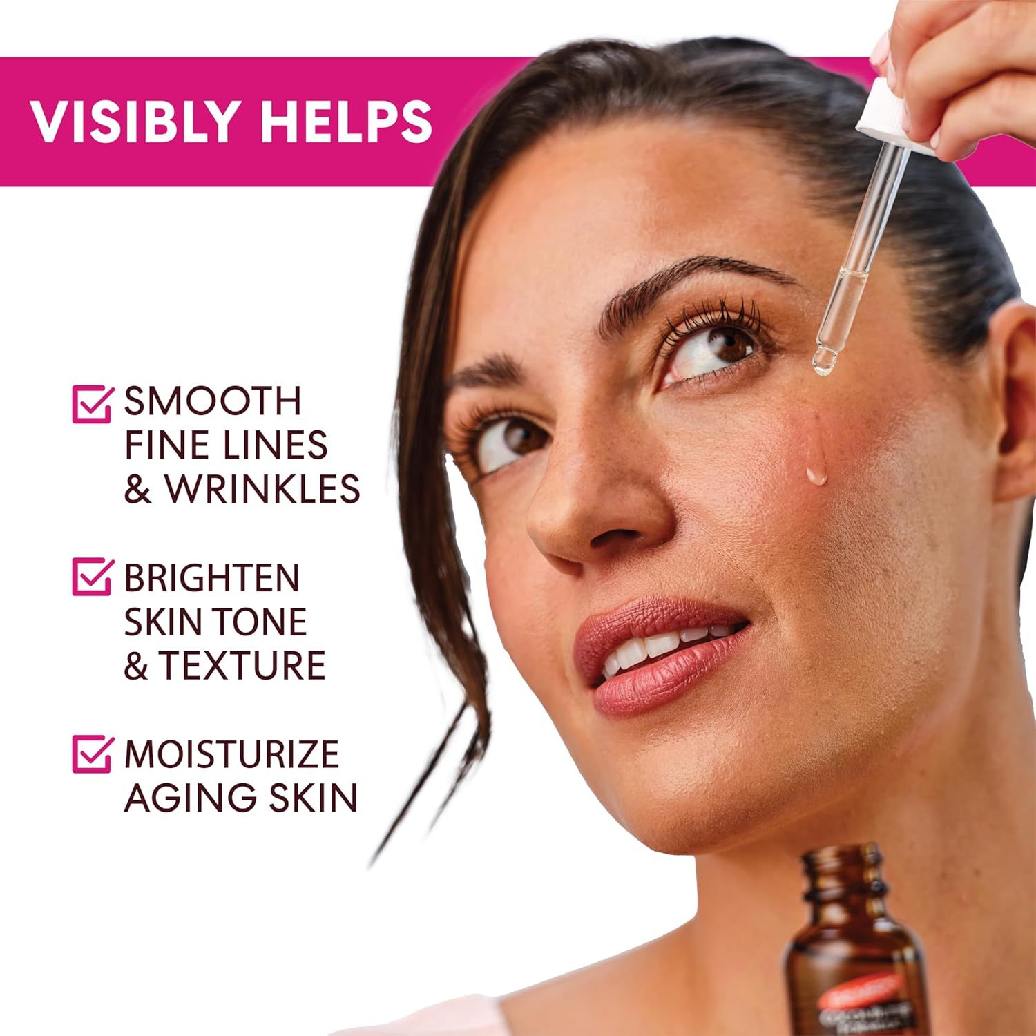 Communicates multiple skincare benefits of the serum product to reassure shoppers it addresses several aging concerns at once.