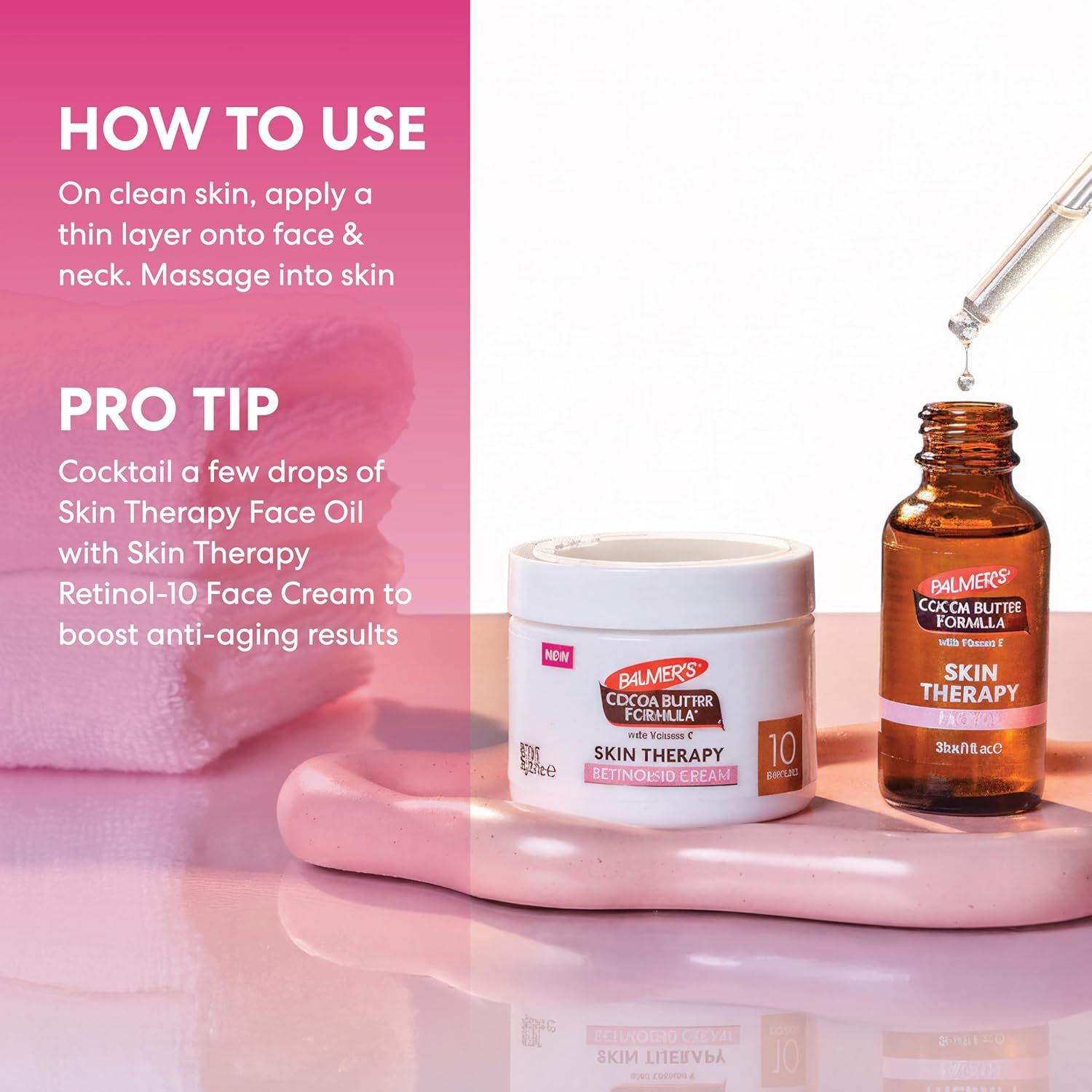 Provides clear step-by-step instructions on how to apply the face oil and cream, including a pro tip for combining products to maximize anti-aging benefits. Highlights the anti-aging benefit of…