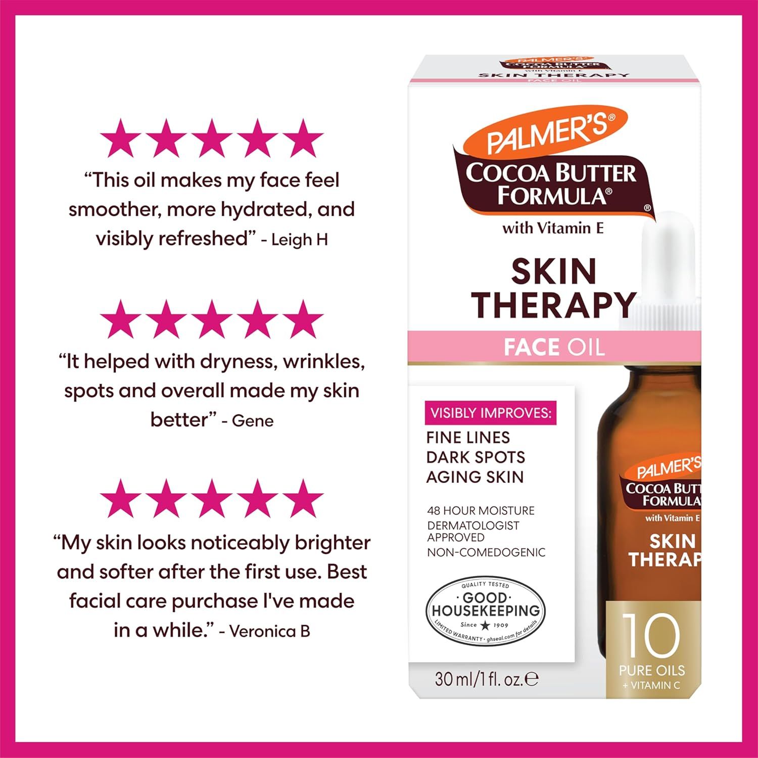 Builds trust and social proof by showcasing three real customer testimonials with 5-star ratings, emphasizing the product's effectiveness for hydration, wrinkles, dark spots, and overall skin…