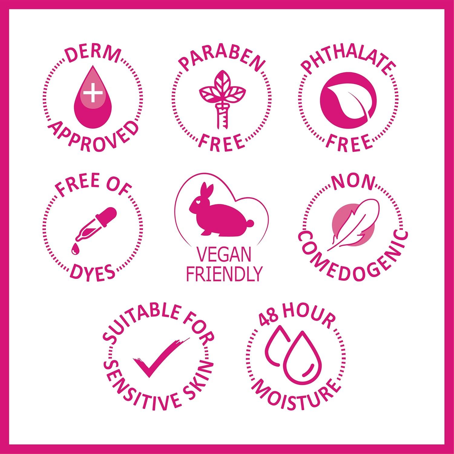 Communicates multiple product benefits and safety certifications in a segmented icon layout to reassure shoppers about the product's gentle, clean, and effective formulation.