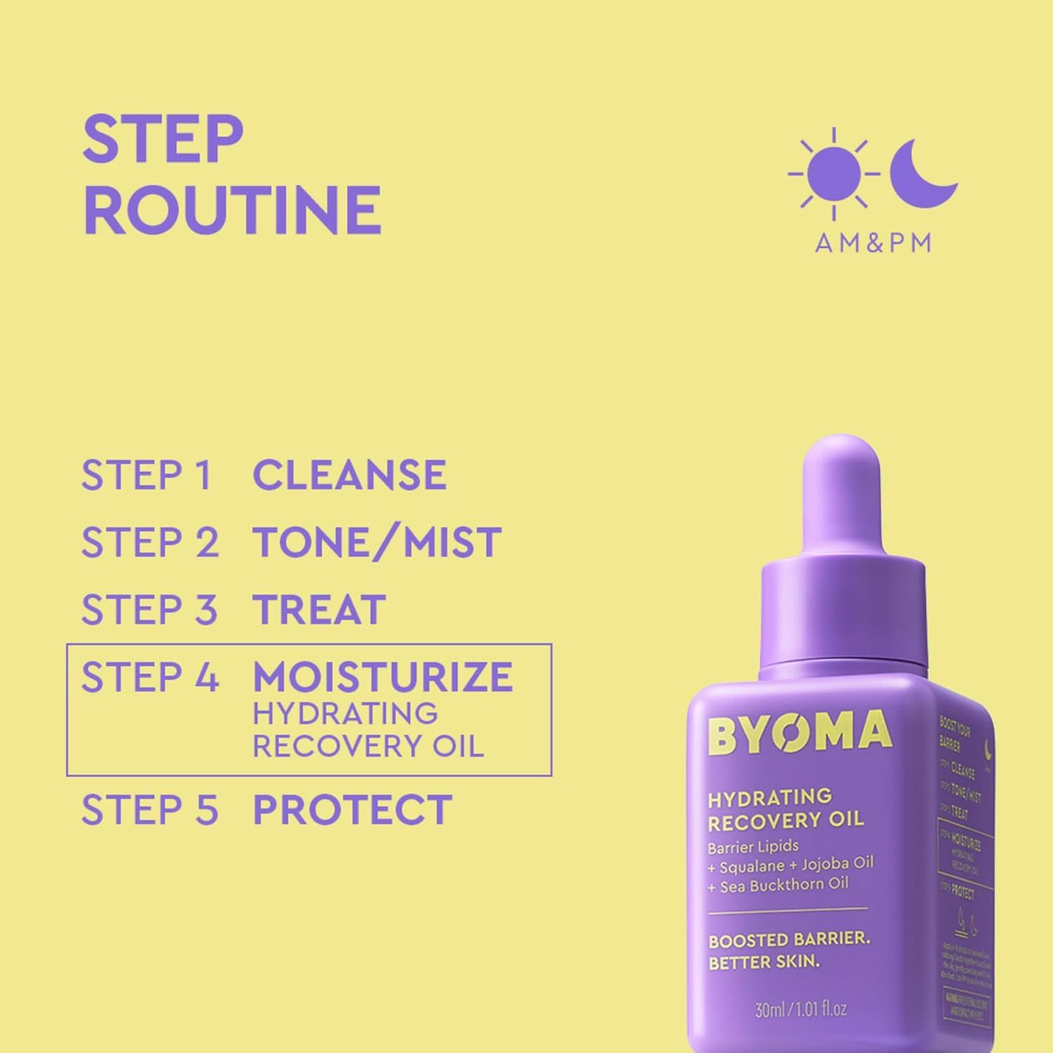 Educates shoppers on how to incorporate this hydrating recovery oil into their daily skincare routine as Step 4 (Moisturize), demonstrating ease of use and proper application sequence.