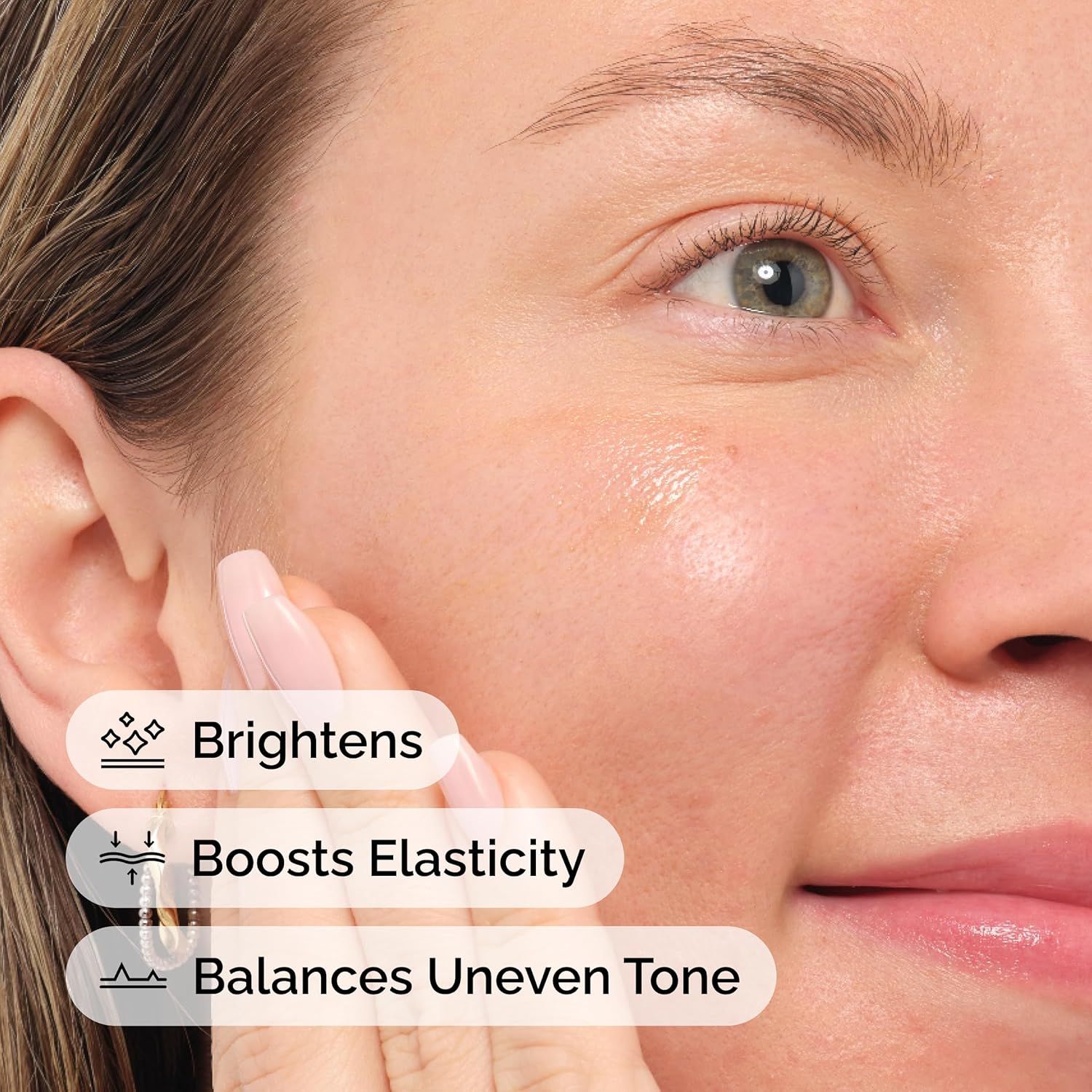 Communicates three distinct skincare benefits in a segmented layout to show the product's comprehensive effectiveness for skin improvement.