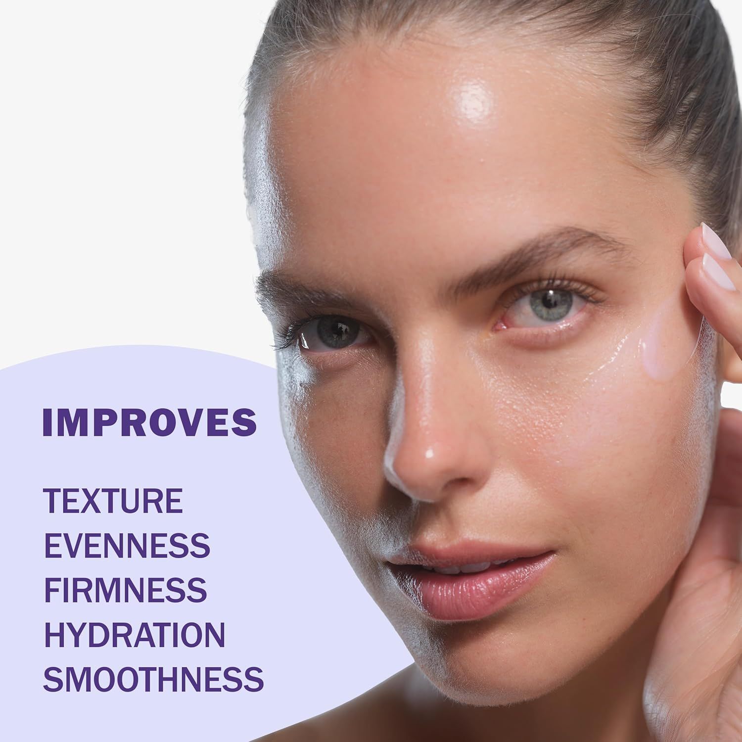 Communicates multiple skincare benefits the product delivers, reassuring shoppers of comprehensive skin improvement results.