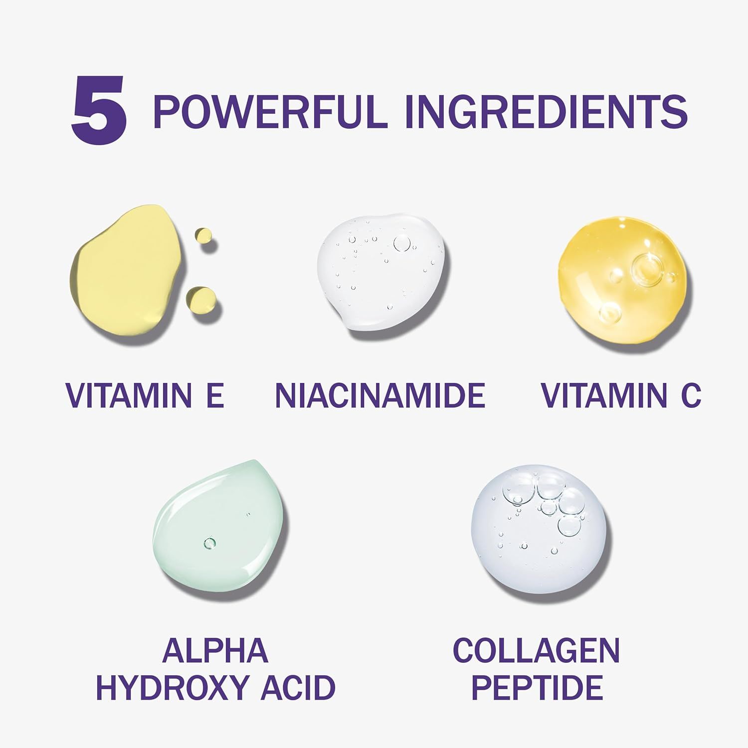 Communicates the product's key ingredient formulation by showcasing five distinct beneficial ingredients in a visually segmented layout to reassure shoppers of the product's comprehensive skincare…