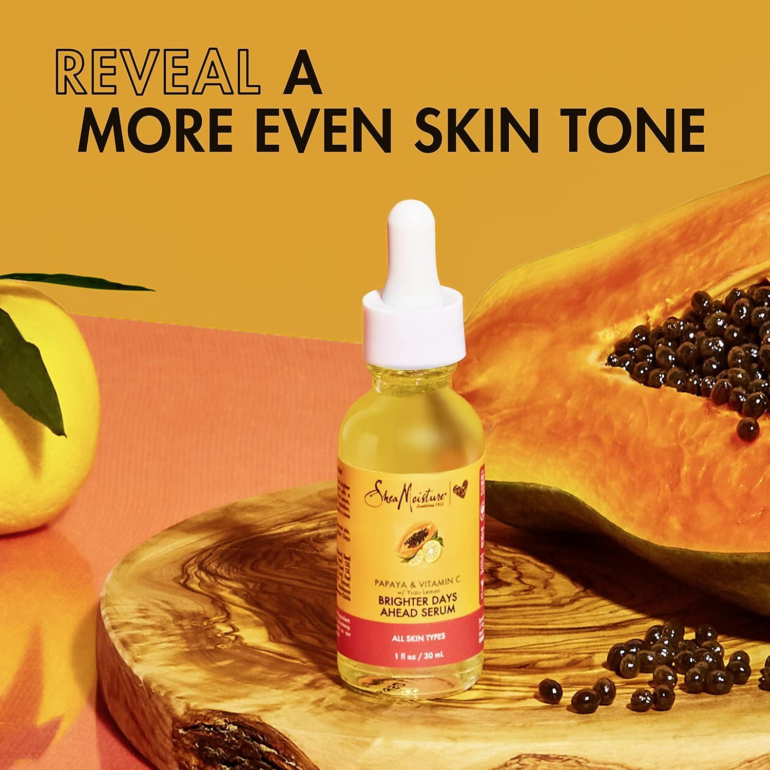 Communicates the serum's primary benefit of revealing more even skin tone, using natural papaya and vitamin C ingredients to reassure shoppers of its brightening effectiveness.
