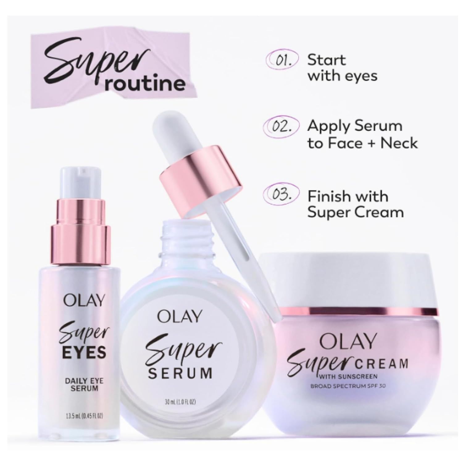 Demonstrates the proper order and application method for using the Olay Super product line, making it easy for shoppers to understand how to incorporate these products into their daily skincare…