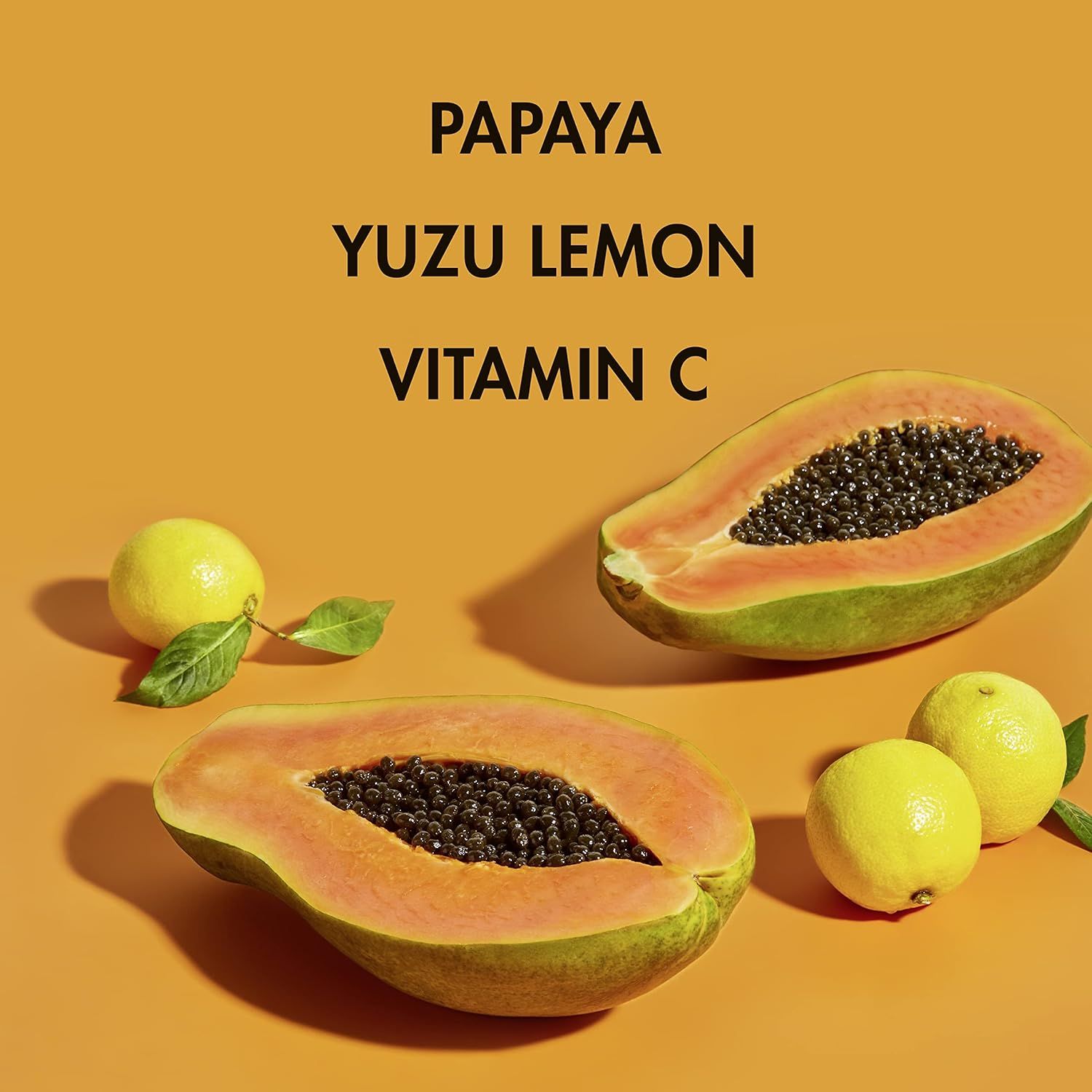 Highlights the natural ingredients in the product to communicate freshness, natural sourcing, and vitamin C benefits for skincare or wellness.