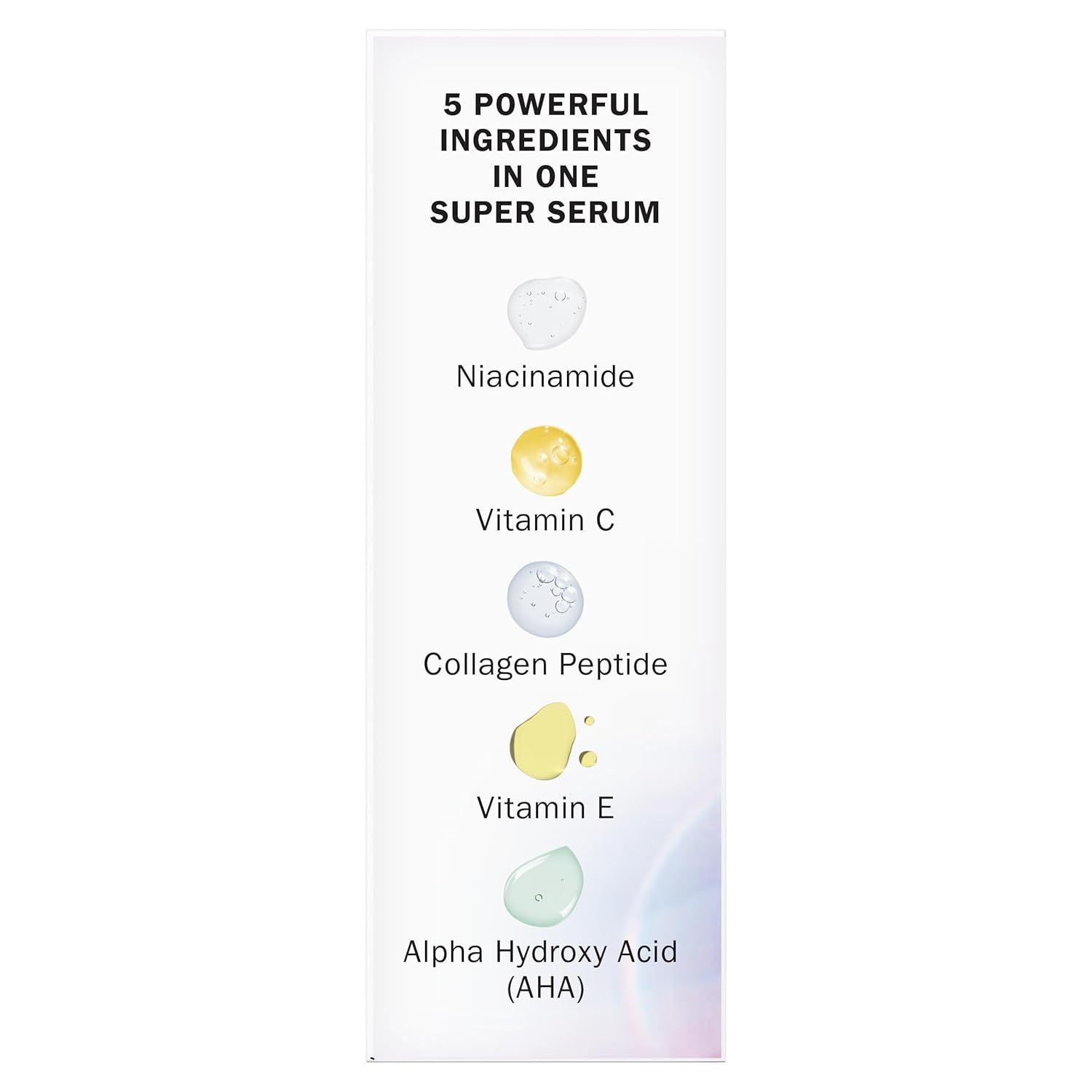 Communicates the comprehensive formulation of the serum by showcasing five distinct active ingredients, reassuring shoppers of the product's multi-benefit skincare effectiveness.