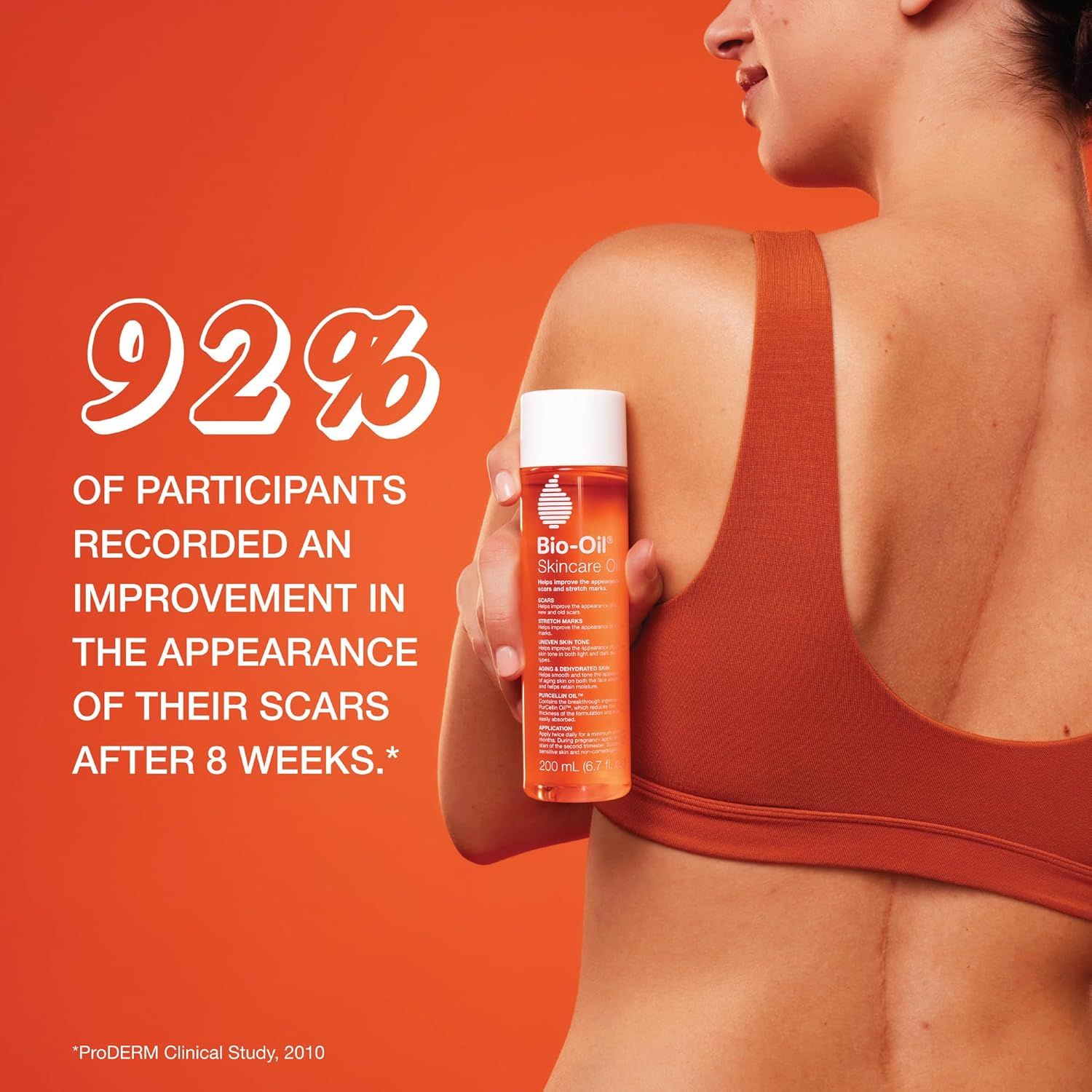 Communicates clinical efficacy by highlighting that 92% of participants saw improvement in scar appearance after 8 weeks, building trust through quantifiable results. Reinforces the primary benefit…