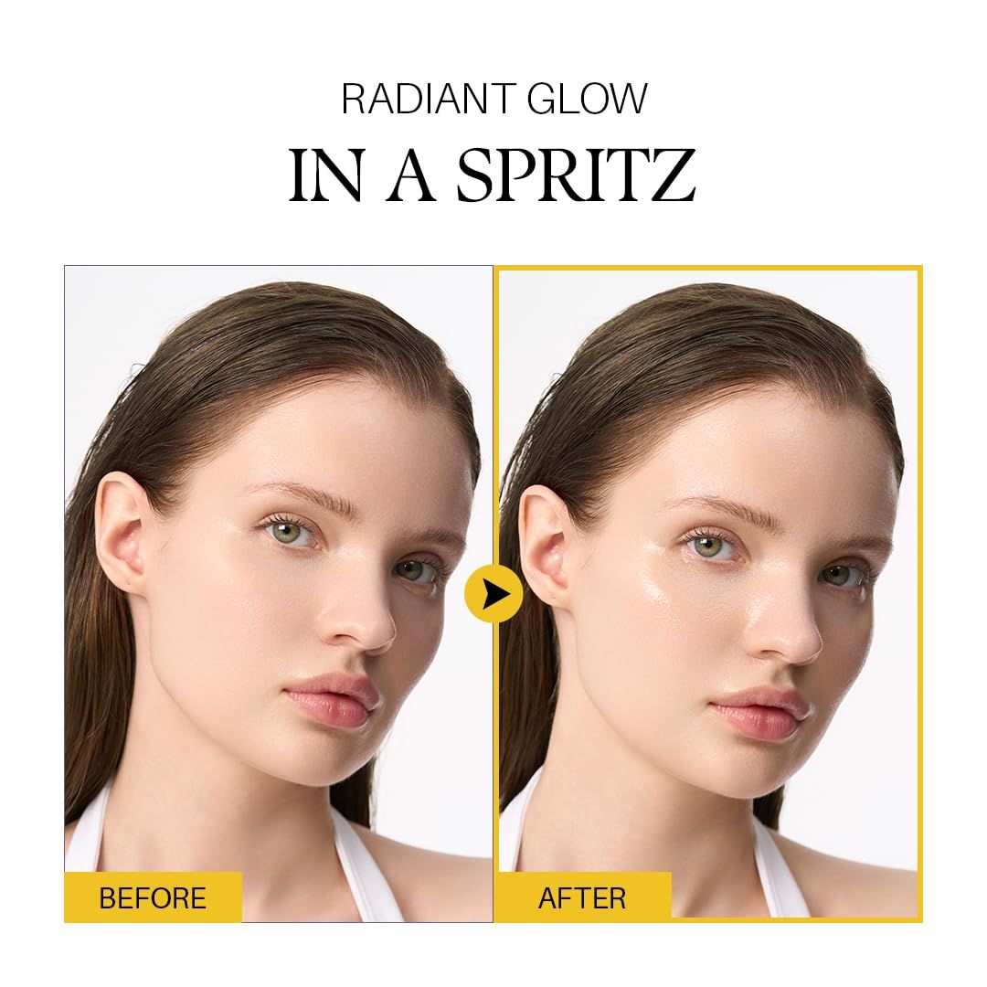 Demonstrates the transformative effect of the product by showing a side-by-side comparison of skin before and after application, highlighting the radiant, glowing finish achieved.